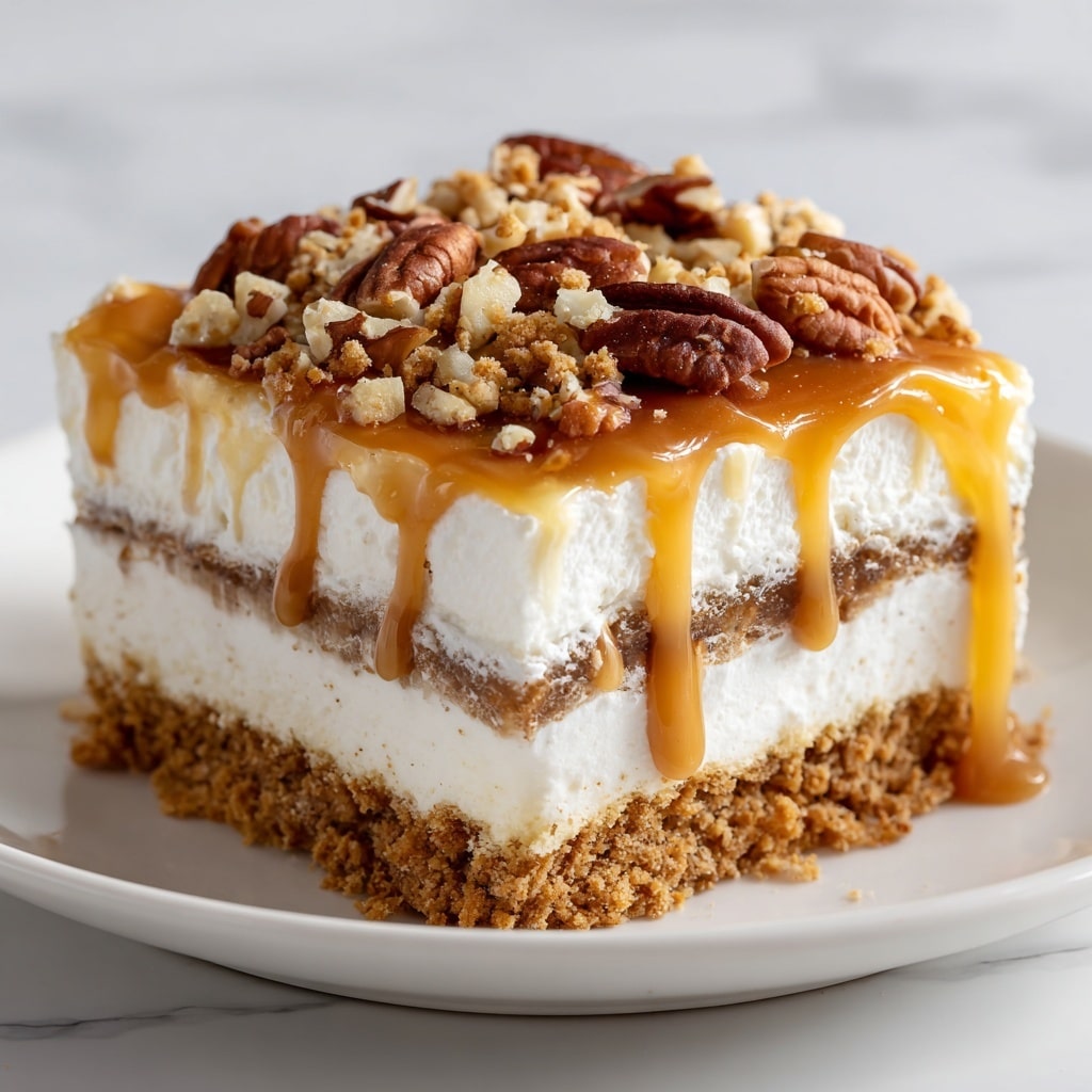A square dessert with four visible layers sits on a white plate with a subtle rim design. The bottom layer is a crumbly golden brown crust, topped by a thick creamy white layer. Above that is a smooth light brown caramel or butterscotch layer, followed by another creamy white layer. The top layer is whipped cream covered with whole and chopped pecans, all drizzled with shiny golden caramel sauce that slightly drips down the sides. A single pecan rests on the plate next to the dessert. The setting is a white marbled texture surface. photo taken with an iphone --ar 4:5 --v 7