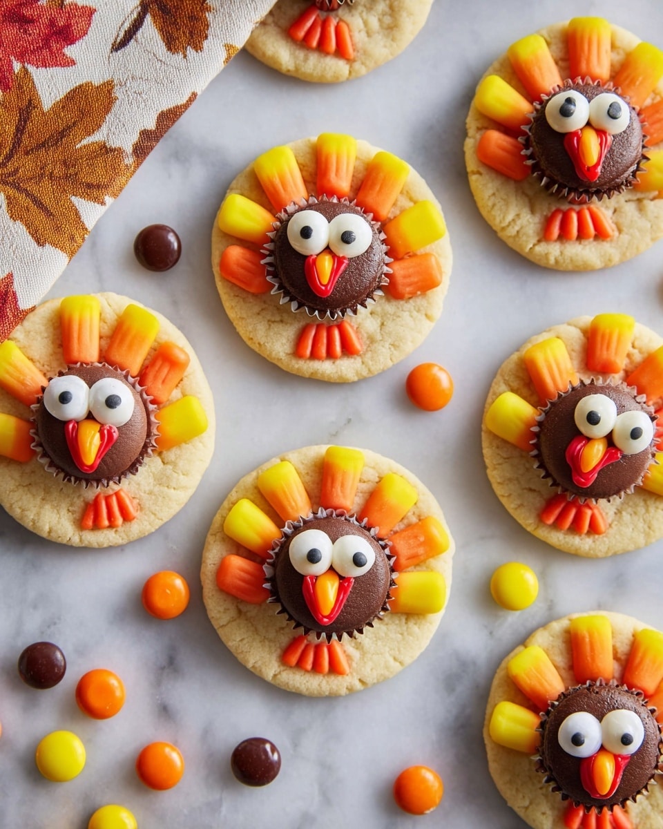 The image shows several round cookies each decorated to look like turkeys on a white marbled surface. Each cookie has a light golden-brown base with a chocolate mini cupcake placed in the center as the turkey's body. Around the cupcake, candy corn pieces are arranged like feathers, showing bright layers of yellow, orange, and white. The turkey's eyes are made with two round white candies with black dots. An orange candy forms the beak, and a red candy strip comes down like a wattle. Small orange icing shapes underneath the cupcake create feet. Scattered around the cookies are small round candies in orange, yellow, and dark brown. Part of a napkin with brown and red leaves is also visible on the left side. photo taken with an iphone --ar 4:5 --v 7