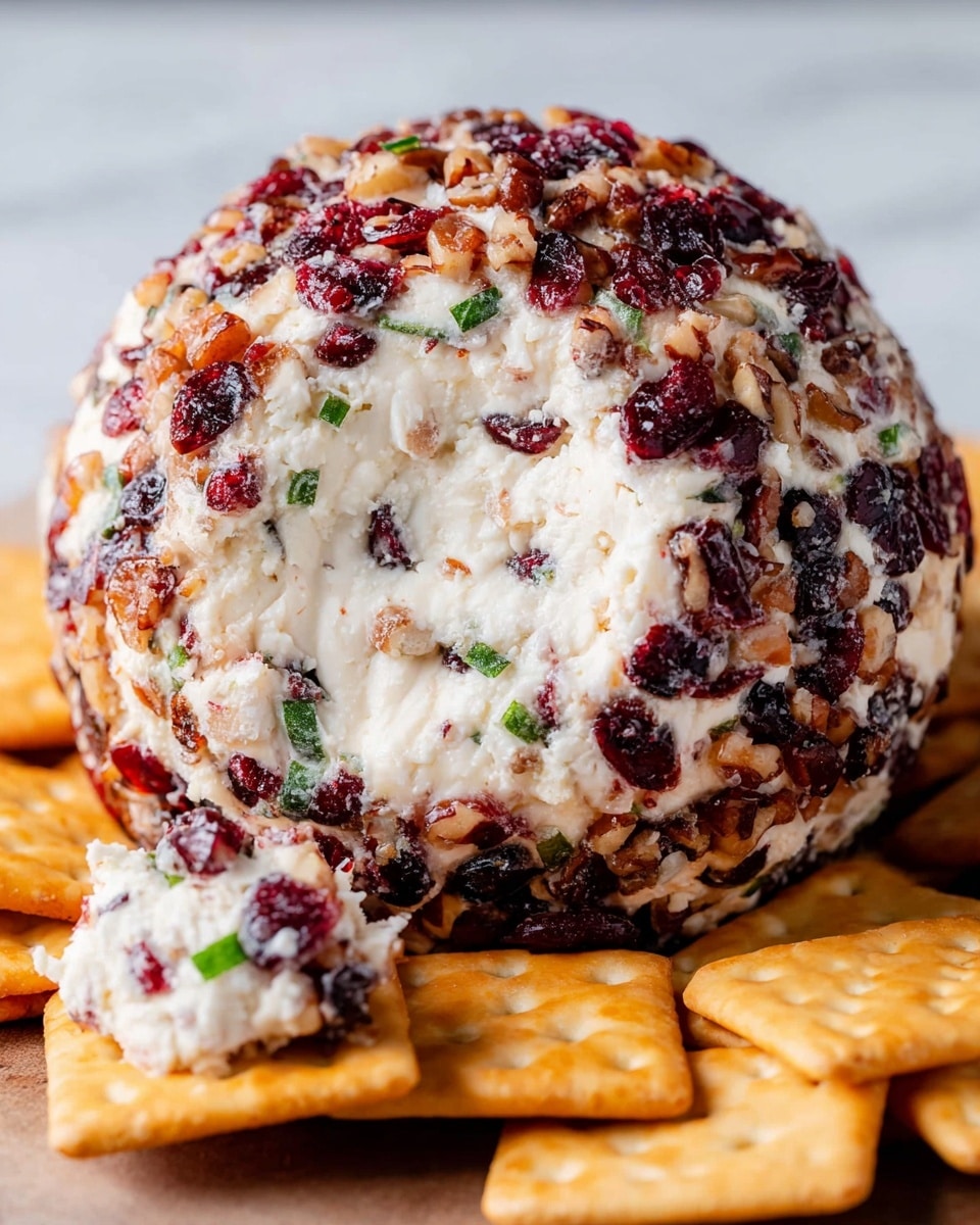 A round cheese ball with a creamy white center, covered in a thick outer layer of chopped dark red dried cranberries, light brown nuts, and small green herb pieces. The cheese ball sits directly on a white marbled surface, surrounded by golden square crackers, one cracker in the front holding a small scoop of the cheese ball topping. The cheese ball texture looks soft and crumbly inside, with a rough chunky coating outside. Photo taken with an iphone --ar 4:5 --v 7