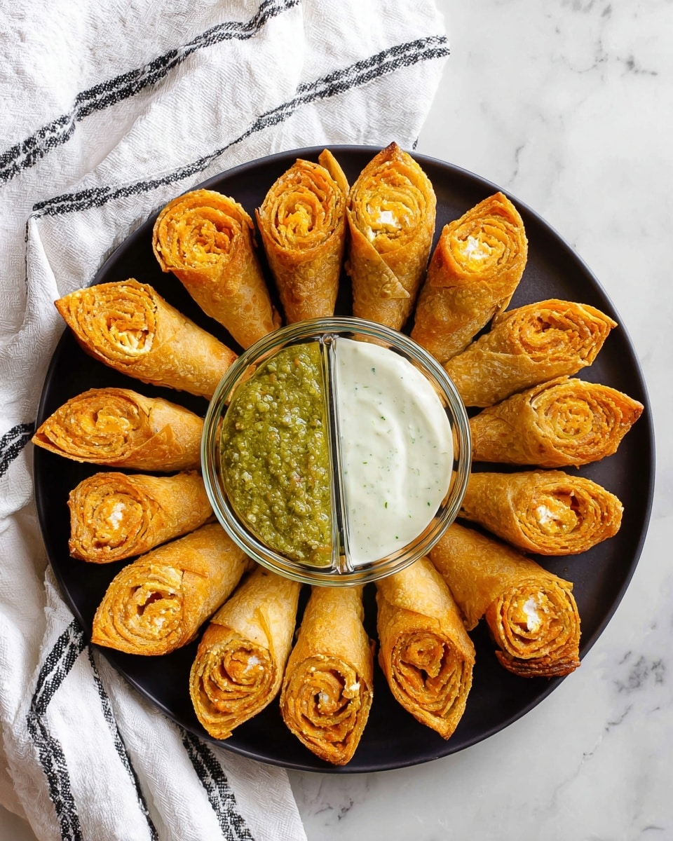 A black plate is arranged with 14 golden-brown rolled snacks, each showing a swirled inside layer of orange and white creamy filling, positioned in a circular pattern with pointed ends facing outward. In the center of the plate, there is a small glass bowl divided into two halves, one containing a textured green sauce and the other a smooth white sauce. The plate sits on a white marbled surface with a white cloth featuring dark stripes partially visible on the upper left side. Photo taken with an iphone --ar 4:5 --v 7
