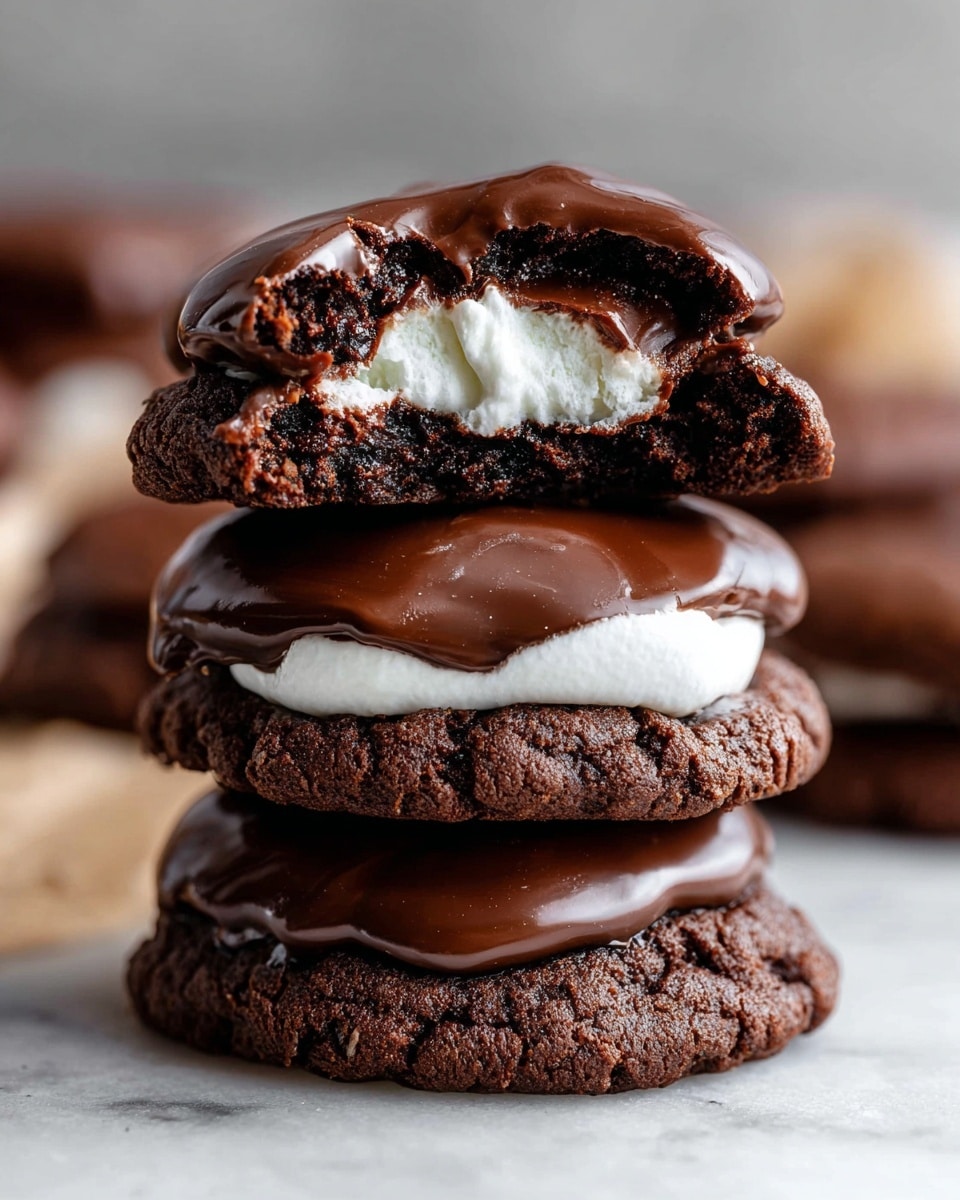A stack of three rich chocolate cookies covered with smooth, shiny dark chocolate on top, showing a soft white marshmallow center inside the top cookie which is broken in half and placed on the second cookie. The cookies have a thick, slightly crumbly texture with glossy, melty chocolate coating. The background is out of focus but has a white marbled texture surface beneath the stack. photo taken with an iphone --ar 4:5 --v 7