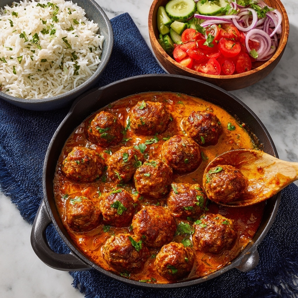 A black cast iron pan filled with about 15 round meatballs covered in thick, rich orange-brown sauce, with a wooden spoon lifting one meatball near the pan’s center; to the left, a bowl with white rice showing fluffy, separated grains, and to the upper right, a wooden bowl holding a colorful salad made of red tomato chunks, green cucumber pieces, and thin slices of purple onion with green herbs sprinkled on top, all placed on a white marbled texture surface with a dark blue textured cloth beneath the pan. photo taken with an iphone --ar 4:5 --v 7