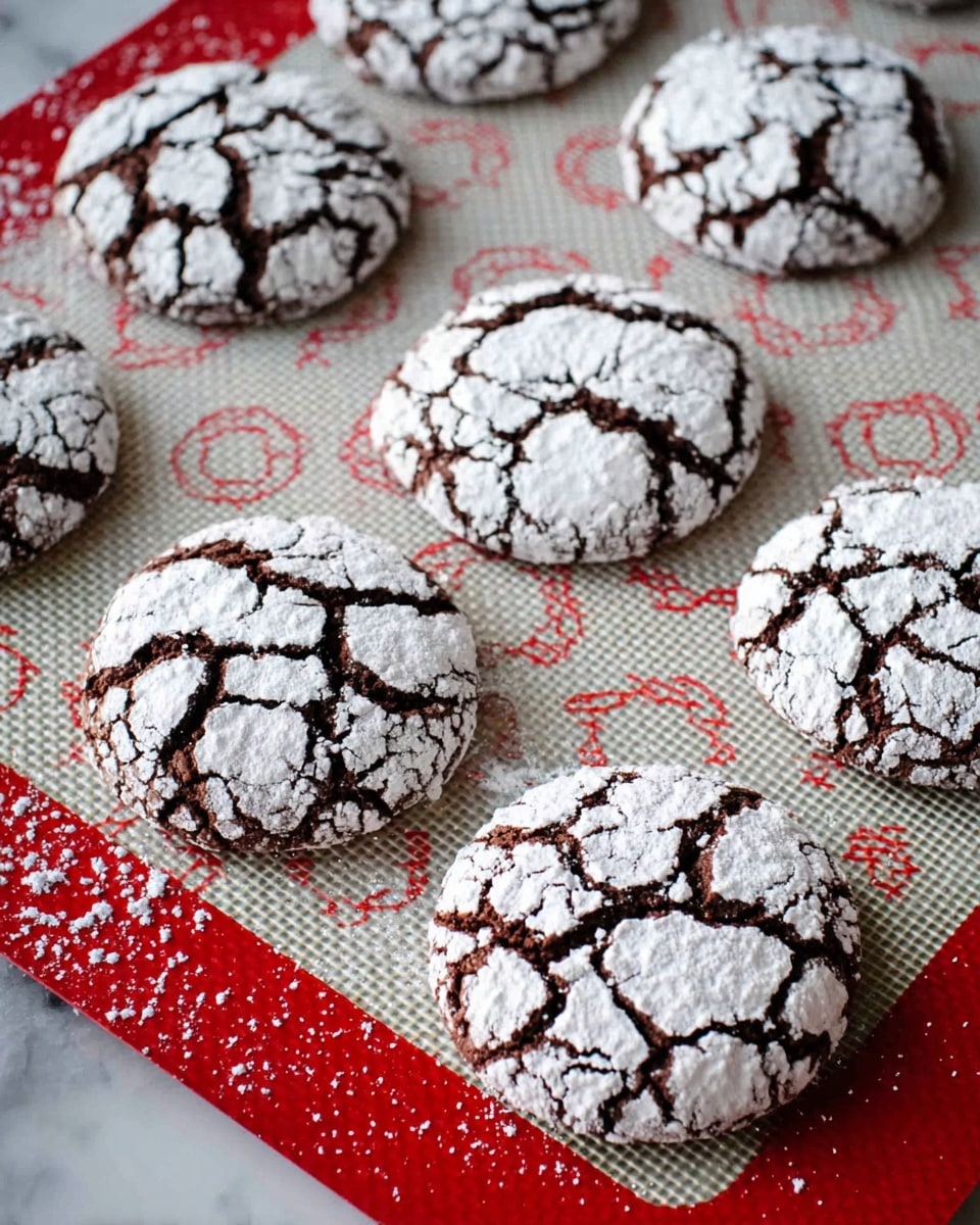 The image shows eight round chocolate cookies with a cracked surface, each coated with a thick layer of white powdered sugar that has fractured to reveal dark chocolate underneath. The cookies are placed evenly on a white silicone baking mat marked with red circles, which is laid on a white marbled surface. The cookies appear soft and slightly raised with rough textures of powdered sugar and delicate cracks exposing the rich chocolate dough beneath. The red circles beneath each cookie create a pattern that contrasts with the dusted sugar and dark chocolate. Photo taken with an iphone --ar 4:5 --v 7