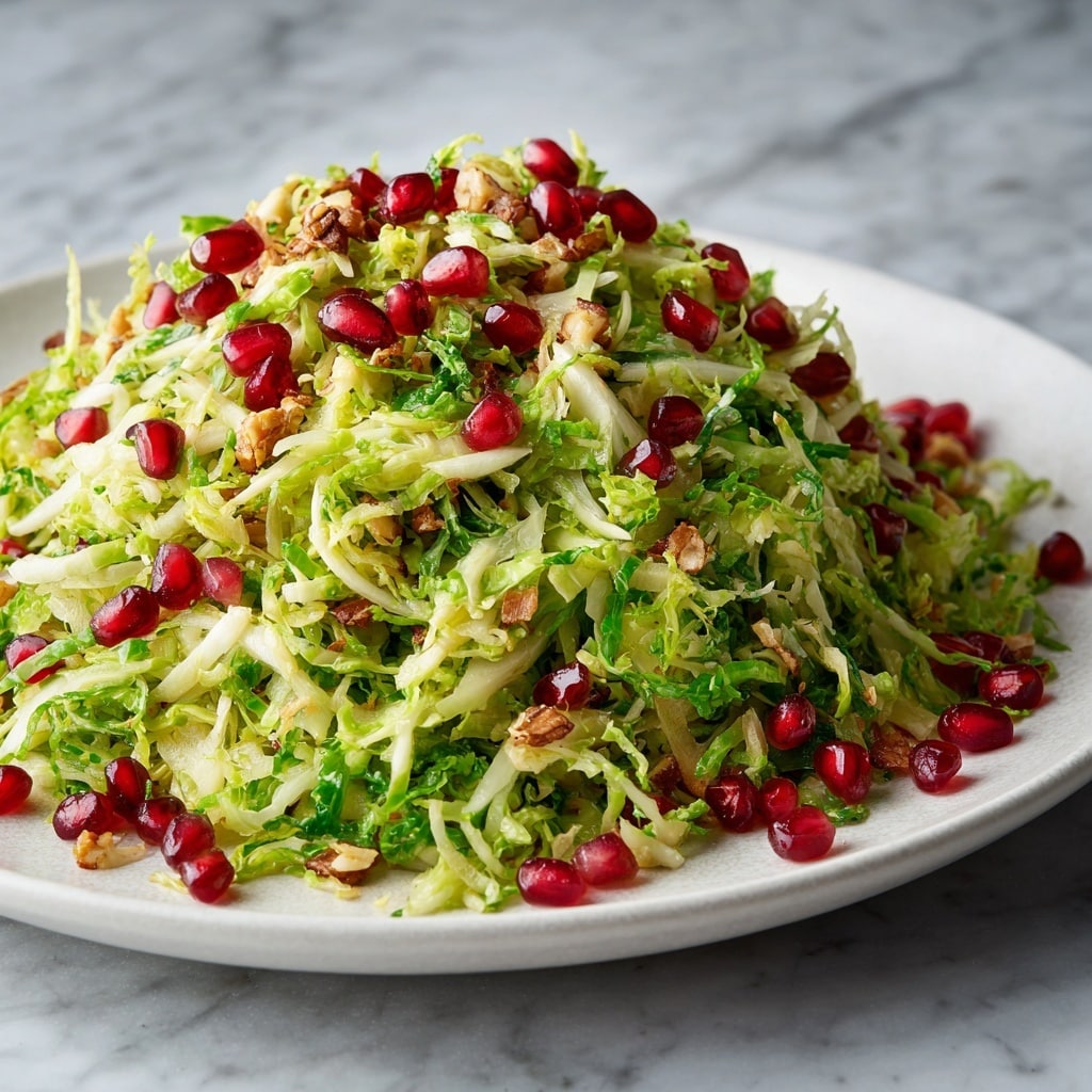 The image shows a white plate filled with a shredded green vegetable salad, likely shredded Brussels sprouts, mixed with bright red pomegranate seeds scattered throughout. There are small pieces of light brown nuts or bacon bits mixed in, adding texture and color contrast. The shredded green layers are finely cut and loosely piled, creating a light and fresh look, with a few pomegranate seeds spilling onto the white marbled surface below. photo taken with an iphone --ar 4:5 --v 7