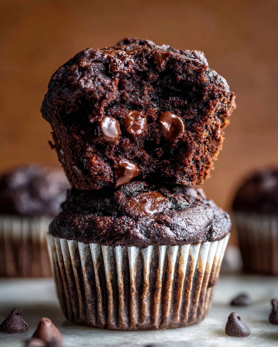 A metal muffin pan holds six rich chocolate muffins, each with a dark brown, slightly cracked top textured with melted chocolate chips scattered across the surface. The muffins look moist and dense, filling the round pan slots fully. The pan is placed on a white marbled texture, with some stray chocolate chips and part of a yellow banana visible around it. Nearby, there is a black measuring spoon filled with chocolate chips, adding to the baking scene photo taken with an iphone --ar 4:5 --v 7