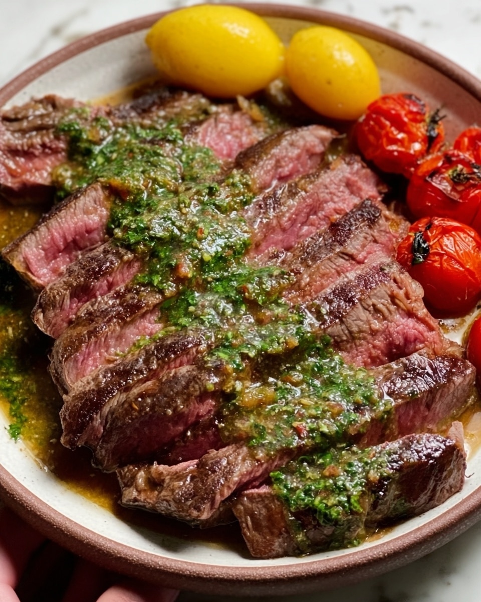 A white plate holds sliced medium-rare steak arranged in one thick layer, showing pink and brown colors with a green herb sauce spread over the top. Around the edges, there are two bright yellow lemons on one side and four roasted red tomatoes on the other, all placed on a thick green sauce base that covers the plate. A woman's hand is visible near the plate on a white marbled texture surface. photo taken with an iphone --ar 4:5 --v 7