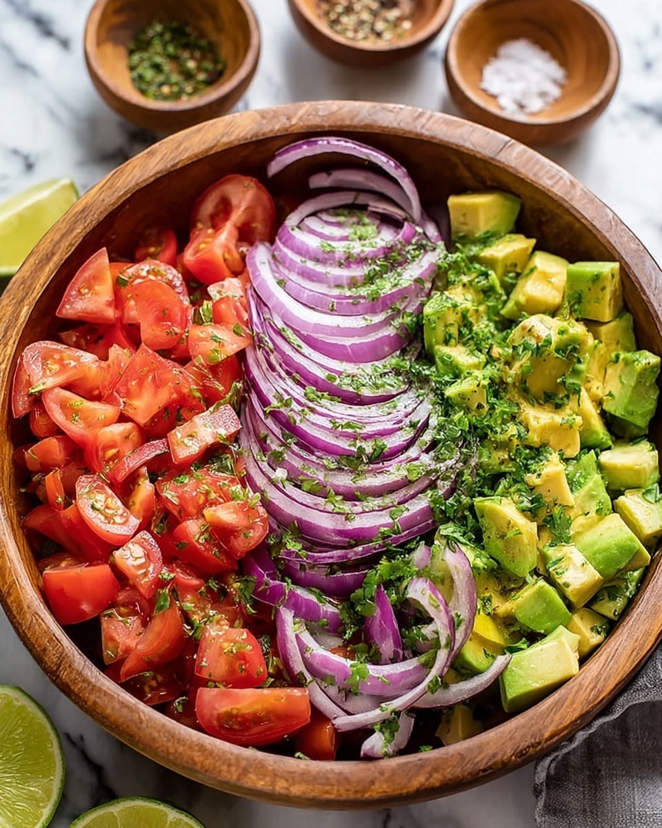 A wooden bowl filled with three distinct layers of fresh salad ingredients, arranged side by side: bright red chopped tomatoes on the left, thin slices of purple and white red onions in the middle, and chunks of green avocado on the right. The salad is sprinkled with finely chopped green herbs. Two lime wedges rest on the edge of the bowl over the avocado layer. Around the bowl are small wooden bowls holding different seasonings. The scene is set on a white marbled surface. photo taken with an iphone --ar 4:5 --v 7