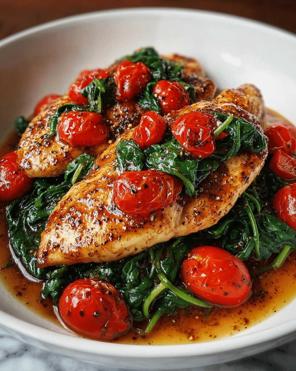 The dish shows three thick, golden-brown chicken breasts with a speckled peppery crust, each piece slightly overlapping, resting on a bed of wilted dark green spinach. Bright red cherry tomatoes, some whole and some halved, are scattered on top and around the chicken, adding pops of color and gloss from the cooking juices pooling at the bottom. The dish is served in a white bowl, placed on a white marbled textured surface. photo taken with an iphone --ar 4:5 --v 7