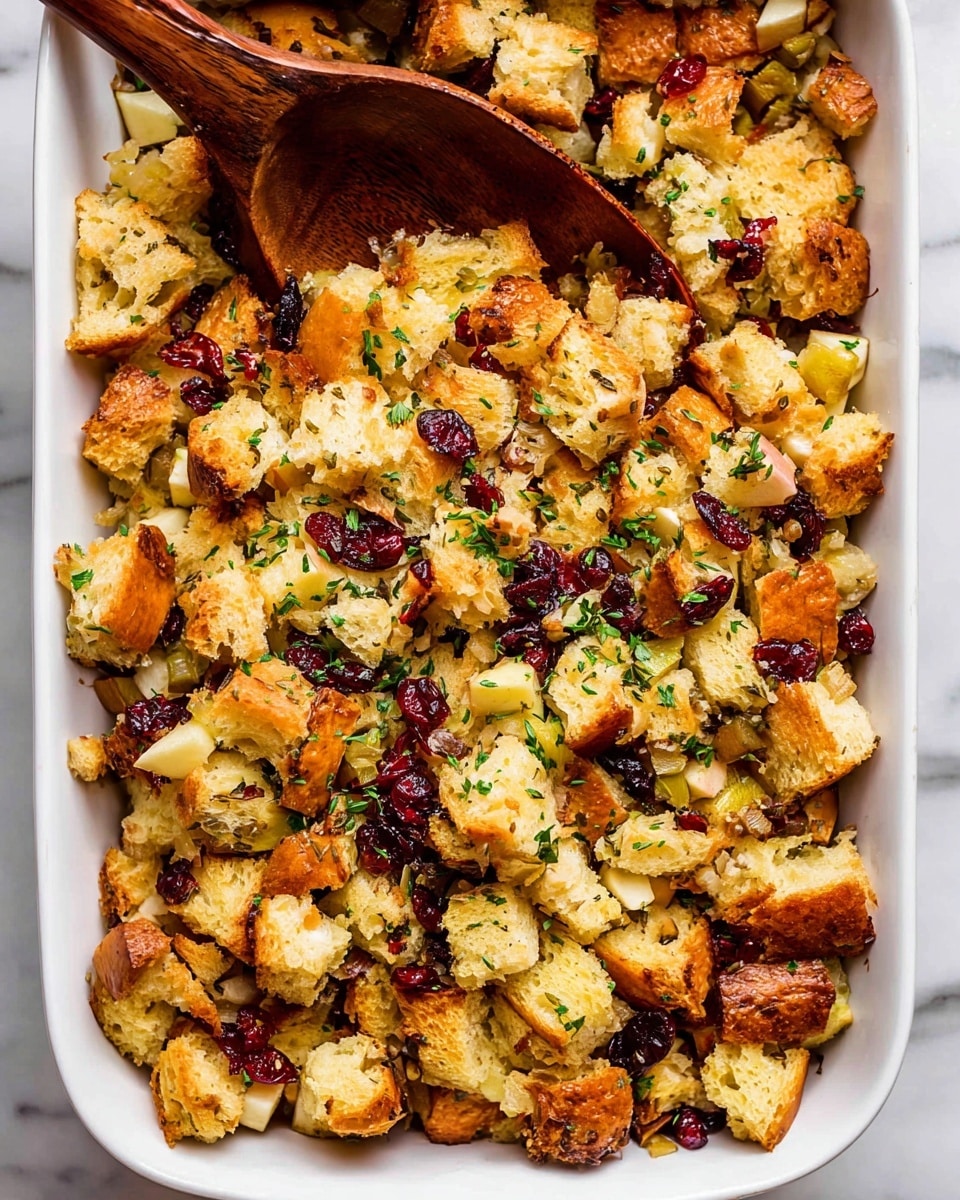 A white rectangular dish filled with a baked stuffing made of golden toasted bread cubes mixed with small pieces of light orange apple and red dried cranberries. The stuffing is garnished with finely chopped green herbs scattered evenly. A large wooden spoon rests in the top left corner of the dish, slightly covered by the stuffing. The background is a white marbled texture. photo taken with an iphone --ar 4:5 --v 7