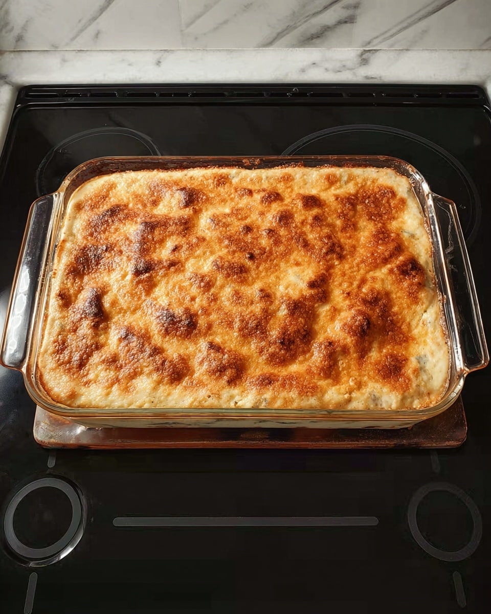 The image shows a close-up of a serving of baked casserole on a white round plate with a scoop taken out, revealing multiple layers inside. The top layer is a golden brown crust that looks soft and slightly cracked with small green herb bits sprinkled on it. Below the crust, there is a creamy light beige layer mixed with visible chunks of white chicken or turkey and bits of green and red vegetables, giving a rich and hearty texture. The casserole is placed next to a white rectangular baking dish filled with more of the same casserole. The background is a white marbled surface, and a white and blue striped cloth is partially visible under the baking dish. Photo taken with an iphone --ar 4:5 --v 7