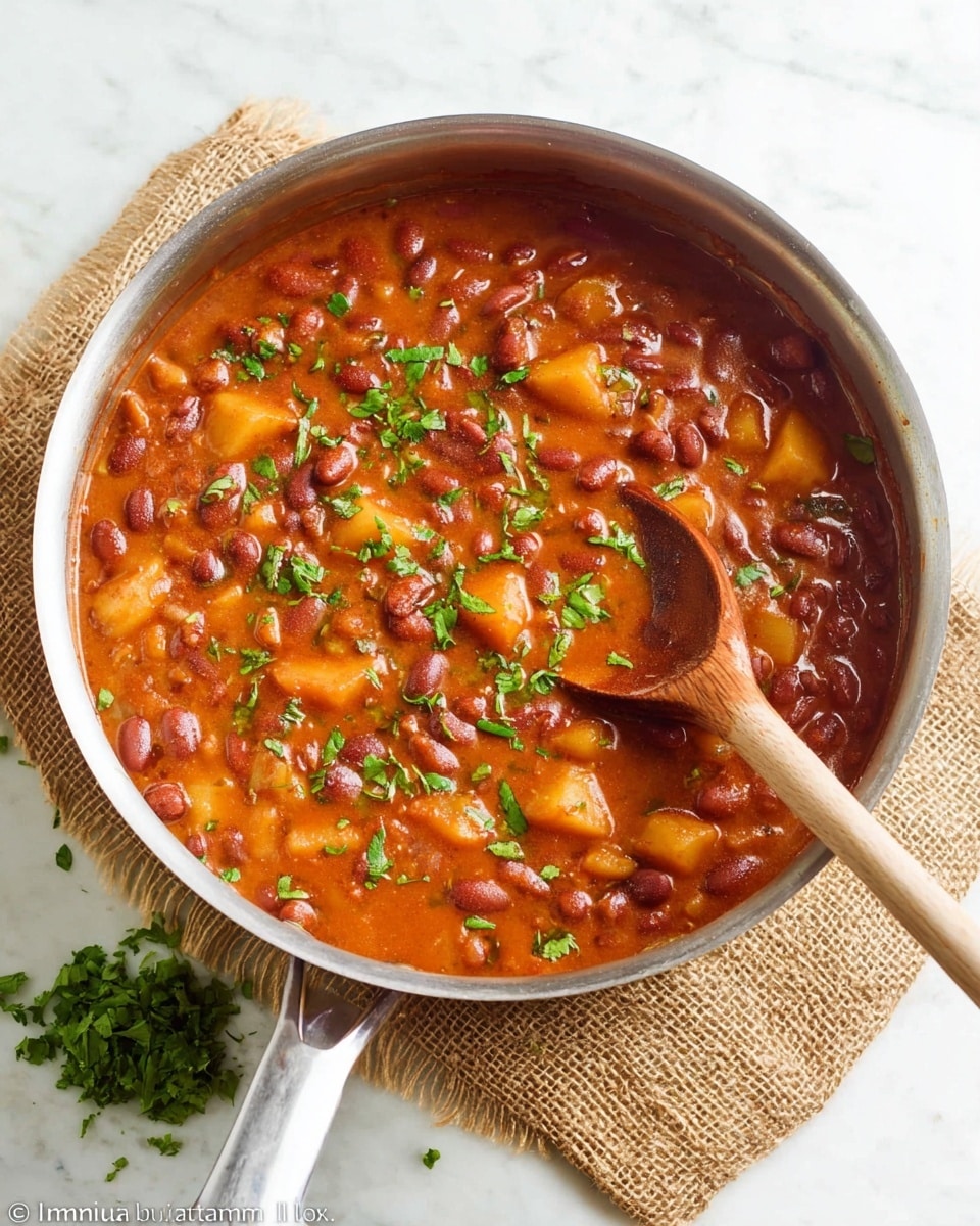 The image shows a white bowl filled with thick, reddish-brown beans cooked in a sauce that looks smooth and slightly oily. On top of the beans is a small bunch of fresh green cilantro leaves that add a bright contrast. A spoon with a silver handle is partially visible, resting inside the bowl. The bowl is placed on a white marbled surface. The beans are plump and cover the whole bottom layer while the sauce surrounds them evenly. photo taken with an iphone --ar 4:5 --v 7
