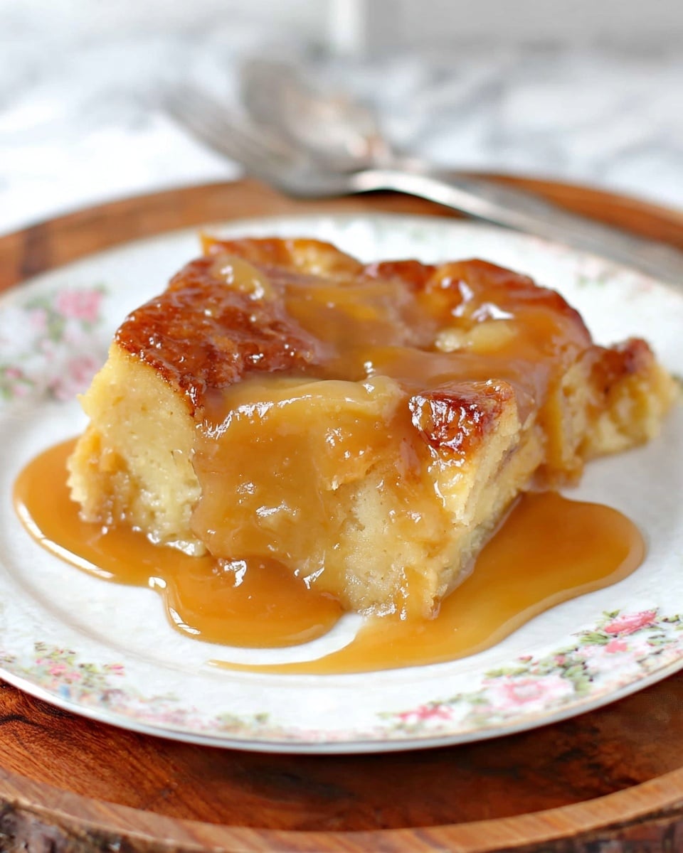 A single slice of bread pudding sits on a white plate with a floral pattern. The pudding has a golden-brown top crust with visible soft bread pieces underneath. It is covered in a thick, shiny caramel sauce that drips over the sides, pooling slightly on the plate. The texture of the bread pudding looks moist and dense with a glossy, smooth syrup coating. The plate rests on a round wooden board, with a fork blurred in the background on a white marbled surface. Photo taken with an iphone --ar 4:5 --v 7