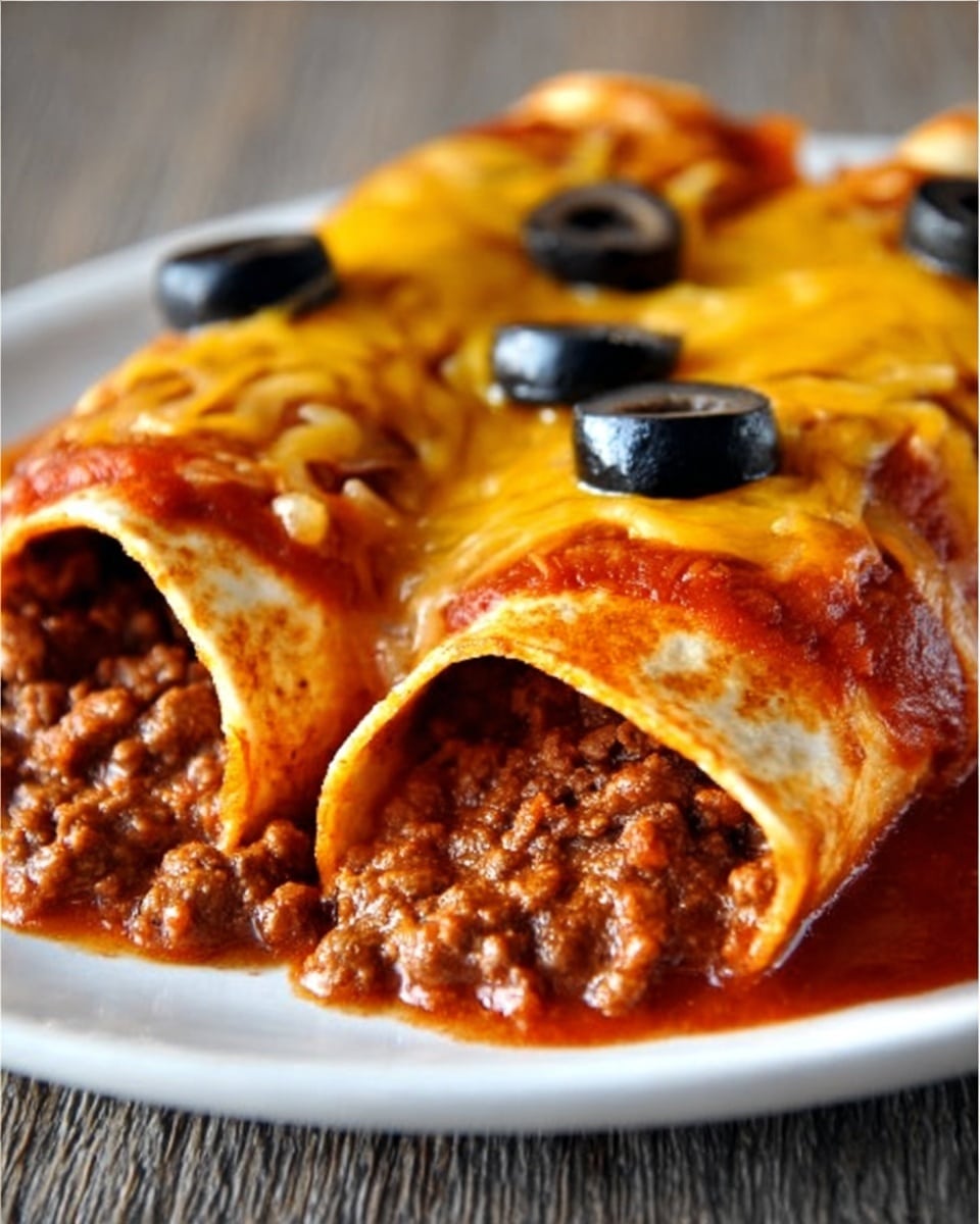 This image shows a close-up of three rolled enchiladas on a white plate, each covered with three layers: a red sauce layer on the outside, a melted golden-yellow cheddar cheese layer on top, and black olive slices scattered on the cheese. The enchiladas are stuffed with a thick, brown ground meat filling that bursts out at the edges. The surface underneath the plate has a white marbled texture. In the background, there is a blurred woman's hand holding a black utensil near the plate. Photo taken with an iphone --ar 4:5 --v 7