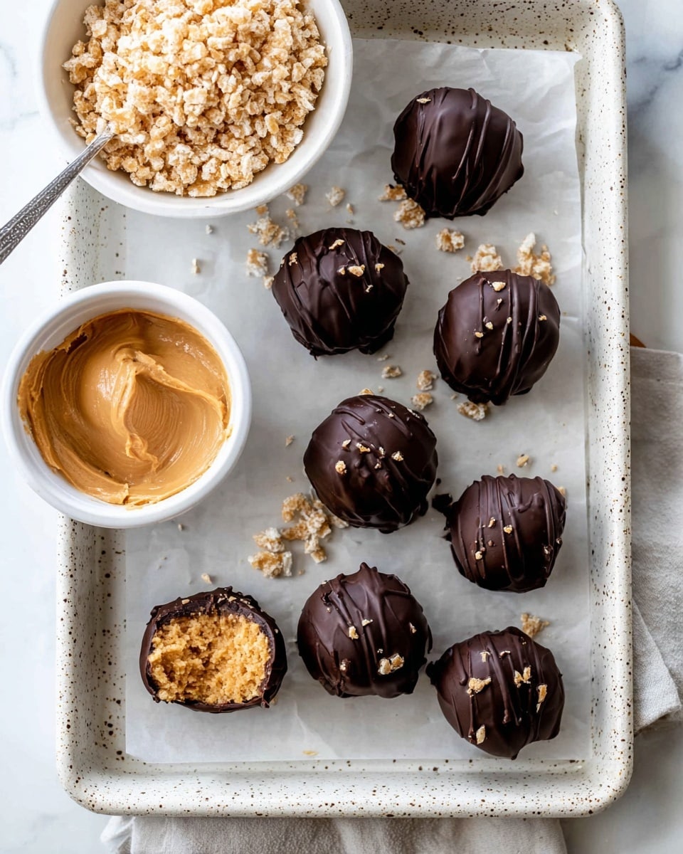 The image shows a white speckled tray lined with parchment paper holding eight round chocolate-coated peanut butter balls, each with a smooth, dark brown glossy shell. One ball near the center is bitten through, revealing a dense, slightly crumbly, light brown peanut butter and cereal filling inside. To the left of the tray, there are two small white speckled bowls: one filled with light tan creamy peanut butter and the other with pale crispy rice cereal pieces. A few cereal bits are scattered around the bowls on a white marbled surface. photo taken with an iphone --ar 4:5 --v 7