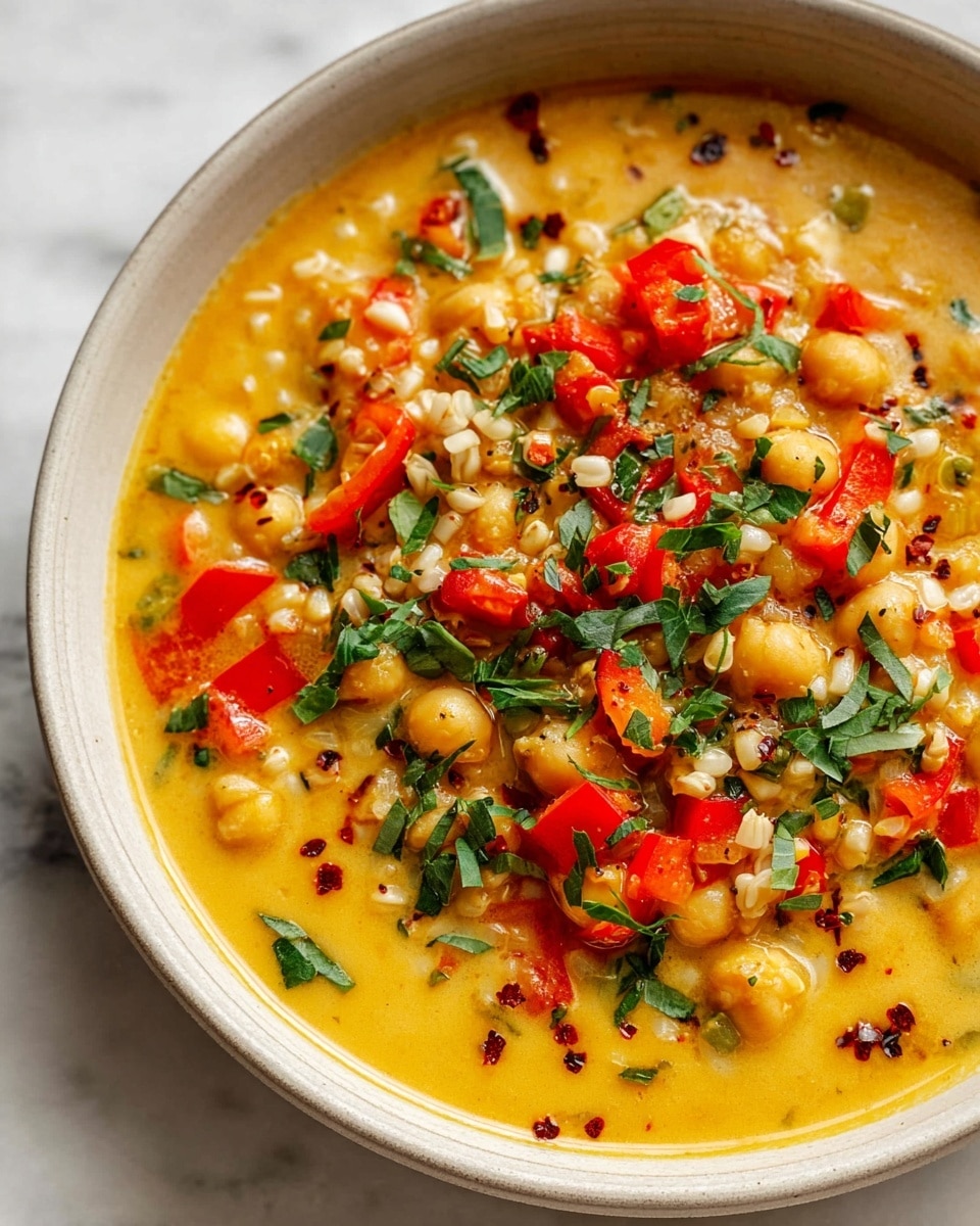 A close-up of a bowl filled with a thick stew consisting of chickpeas, diced red bell peppers, onions, and some grains, all covered in a creamy yellow curry sauce. The chickpeas are round and light brown, scattered evenly across the top. The diced red bell peppers add bright red color while the cooked onions are pale yellow and slightly translucent. Chopped green herbs are sprinkled generously over the dish, adding freshness and contrast. The stew is served in a white bowl placed on a white marbled surface with some scattered herbs and red pepper flakes nearby, creating a fresh and inviting presentation. photo taken with an iphone --ar 4:5 --v 7