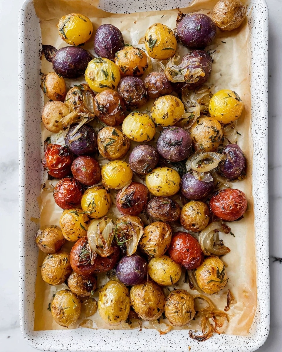 A white speckled baking tray lined with parchment paper holds a mix of small roasted potatoes in different colors: golden yellow, deep red, light brown, and purple. The potatoes have a slightly wrinkled, roasted skin with a shiny, oily surface. Scattered among the potatoes are browned, thin slices of cooked onions and small bits of herbs. The tray rests on a white marbled texture background. photo taken with an iphone --ar 4:5 --v 7