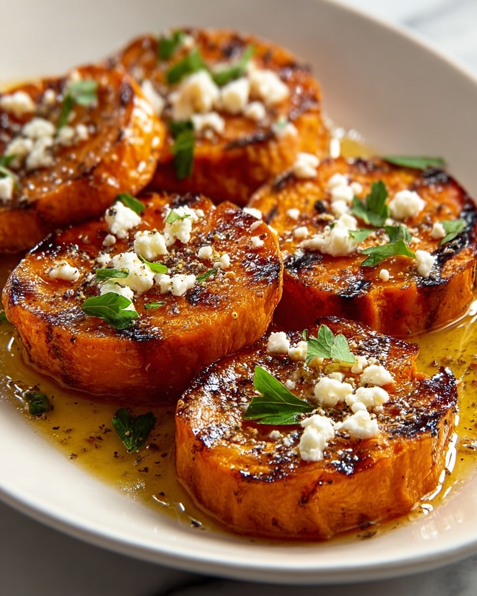 The image shows five thick, round slices of roasted orange sweet potato arranged closely on a white plate, each slice with visible grill marks and a slightly caramelized, textured surface. On top of each sweet potato slice, there are small, uneven crumbles of white cheese scattered, with tiny black pepper specks and fresh green parsley leaves sprinkled over the whole dish. A shiny, golden glaze or sauce pools slightly around the sweet potatoes, giving a glistening effect. The plate sits on a white marbled texture, creating a clean and bright background. Photo taken with an iphone --ar 4:5 --v 7