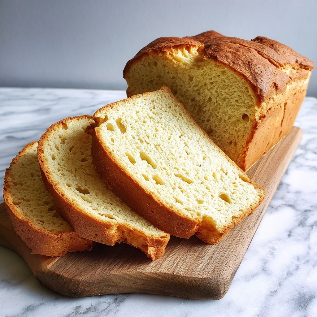 A loaf of gluten-free bread is placed on a wooden board over a white marbled surface. The bread has a golden-brown crust on top with a soft, pale yellow inside that looks fluffy and porous. In front of the loaf, three even slices are laid out, showing the same light yellow texture with small air holes. The crust edges are slightly darker with a rough texture, while the bread's inside looks smooth and tender. Photo taken with an iphone --ar 4:5 --v 7