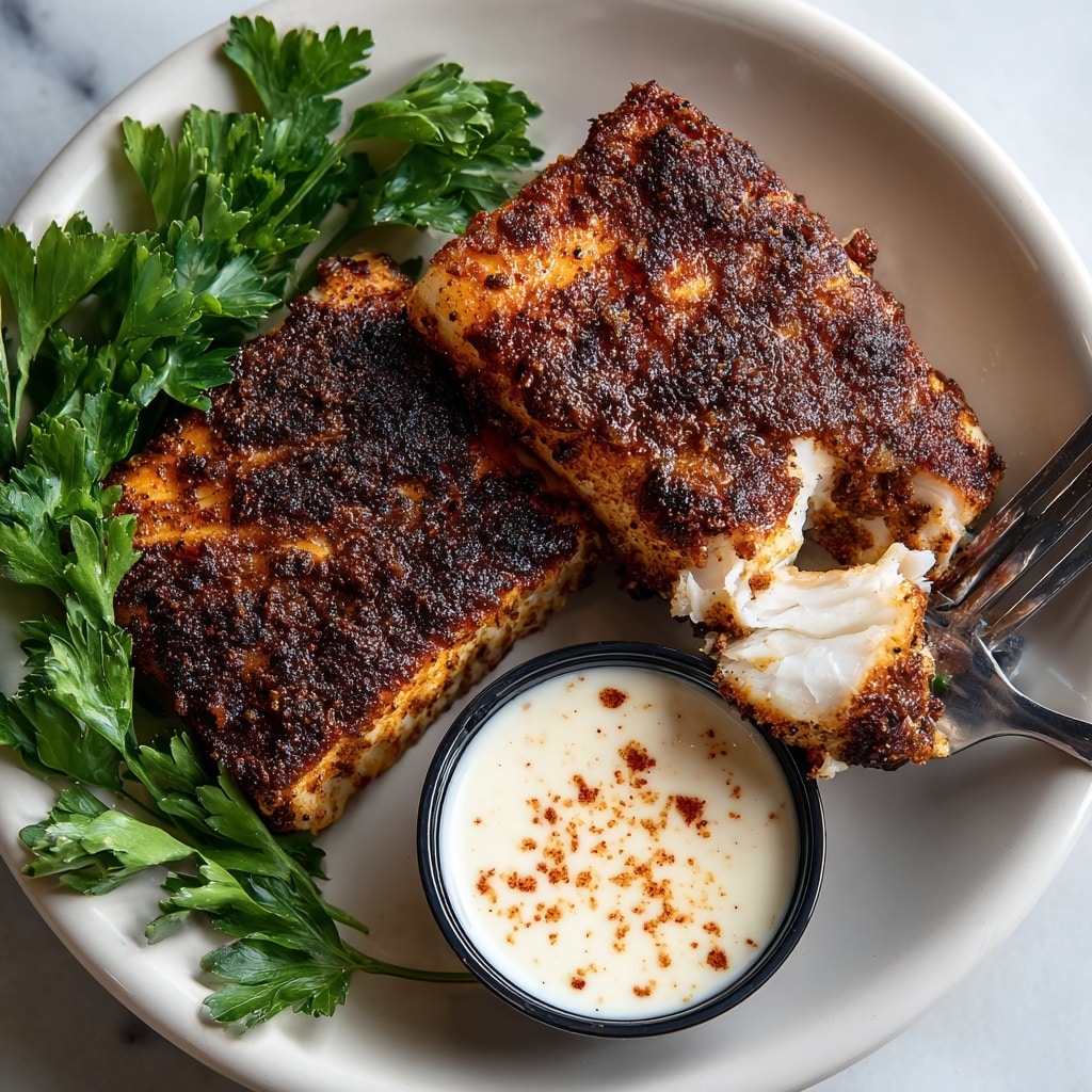 A white plate holds two pieces of blackened Mahi Mahi fish with a dark brown, crispy spice crust on top and white flaky fish inside. The fish is broken apart with a silver fork placed to the right, showing the juicy and tender texture within. On the left side of the plate, there are fresh dark green parsley sprigs adding a touch of color. Behind the fish, a small white bowl contains a light creamy sauce with a sprinkle of reddish seasoning on top. The plate sits on a white marbled surface, creating a clean and bright background photo taken with an iphone --ar 4:5 --v 7