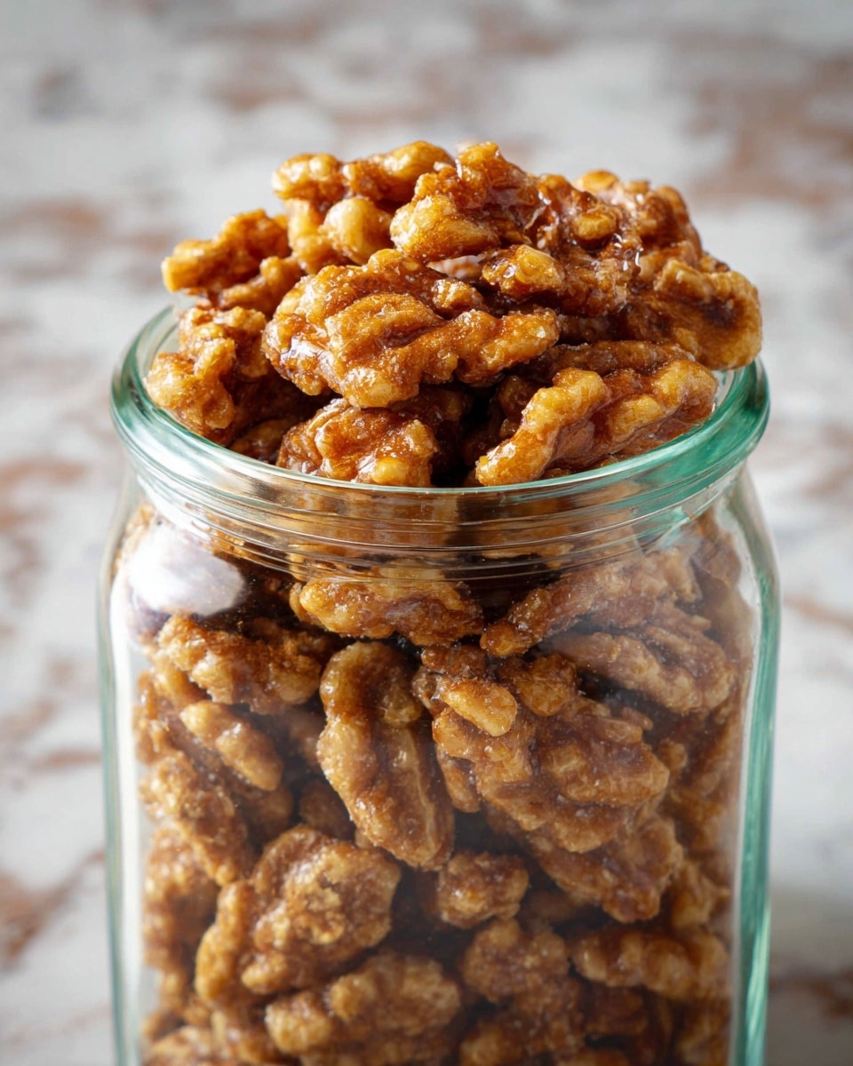 A clear glass jar filled with crunchy, golden brown candied walnuts that have a slightly rough, sugary texture. The walnuts are piled high in the jar, showing their uneven, natural shapes and glossy coating. The jar sits on a white marbled surface, with a small brown gift tag tied to it with red and white striped string visible on the side. The light highlights the sugary texture and the warm tones of the walnuts, making them look fresh and tasty. photo taken with an iphone --ar 4:5 --v 7