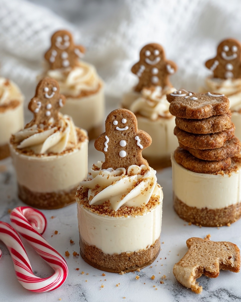 The image shows multiple small dessert cups on a white marbled surface, each dessert having two layers: a crumbly light brown bottom layer and a creamy white top layer. On top of each dessert cup is a swirl of smooth, light beige cream with a sprinkling of brown crumbs. Each swirl is adorned with a small gingerbread man cookie, decorated with white icing to show eyes, buttons, and a smiling mouth, standing upright in the cream. More gingerbread cookies stack on the right side, and a broken red and white candy cane lies near the front left of the image. The background is softly blurred with white fabric, highlighting the dessert cups. Photo taken with an iphone --ar 4:5 --v 7