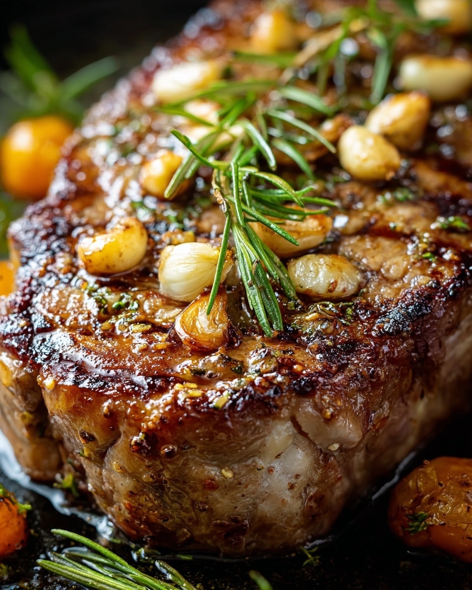 The image shows a close-up of a cooked piece of meat, likely a roast with one visible bone. The meat has a golden brown, slightly crispy outer layer with specks of black seasoning and herbs, and the inside is pink and tender. Surrounding the meat are round golden-brown and light yellow roasted small vegetables, likely potatoes or onions, with some small green herb sprigs mixed in. The food rests on a surface with a white marbled texture. photo taken with an iphone --ar 4:5 --v 7