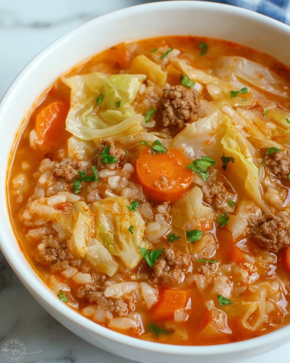 A white bowl filled with a hearty soup containing a rich reddish-orange broth. The soup has multiple layers of ingredients: large soft cabbage pieces in light yellow color, medium-sized meatballs in brown with a crumbly texture, slices of orange carrots, and scattered cooked white rice grains. Small bits of green herbs are sprinkled on top, adding a fresh touch. The bowl sits on a white marbled surface, giving a clean and bright background. photo taken with an iphone --ar 4:5 --v 7