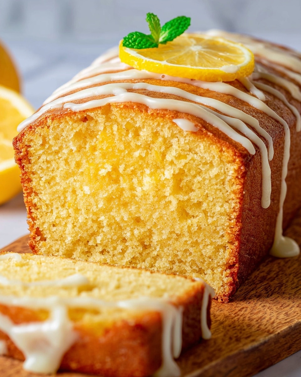 A close-up view of a lemon pound cake loaf with a moist, dense, golden yellow crumb inside and a light brown crust on the outside. The top has a drizzle of white icing creating irregular thin lines that add a glossy texture. At the very top and slightly to the side, there is a bright yellow lemon slice and a small green mint leaf, adding fresh colors to the cake. In front of the loaf, part of a sliced piece is visible, showing the same layered texture with icing on top. The cake rests on a wooden board placed on a white marbled surface. photo taken with an iphone --ar 4:5 --v 7