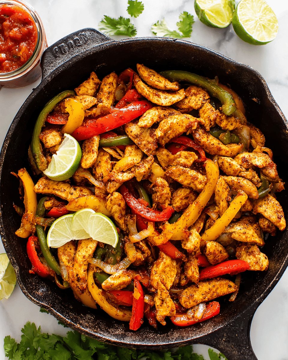 The image shows a black skillet filled with cooked chicken strips and sliced bell peppers in three colors: red, yellow, and green. The chicken pieces are golden brown with a slightly charred texture, mixed evenly with the vibrant, softened peppers and some cooked onions. Two lime wedges sit on top of the food, adding a bright green contrast. There is a small sprig of cilantro near the lime wedges. The skillet rests on a white marbled surface with a jar of red salsa and a stack of white tortillas partially visible in the background. photo taken with an iphone --ar 4:5 --v 7
