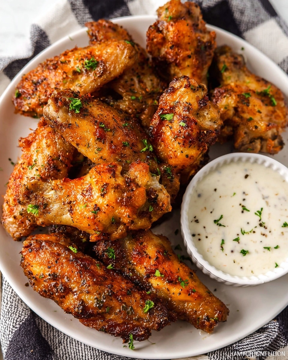 A white plate full of crispy, golden-brown fried chicken wings with a slightly shiny and crunchy skin, scattered small green herb pieces on top for garnish. On the right side of the plate, a small white cup filled with creamy white dipping sauce with black specks inside. The plate is placed on a white marbled surface partially covered by a blue and white checkered cloth. photo taken with an iphone --ar 4:5 --v 7