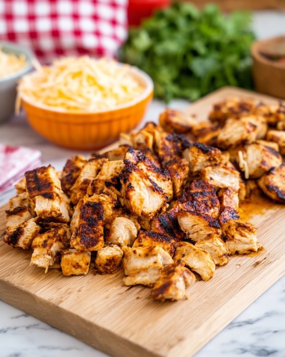 The image shows a wooden cutting board full of grilled chicken pieces cut into thick and thin strips. The chicken has a golden brown color with charred edges and a slightly rough texture, showing the grilled marks. The inside of the chicken is white and juicy. The board is placed on a white marbled surface with a red and white checked cloth partially visible in the corner. Photo taken with an iphone --ar 4:5 --v 7