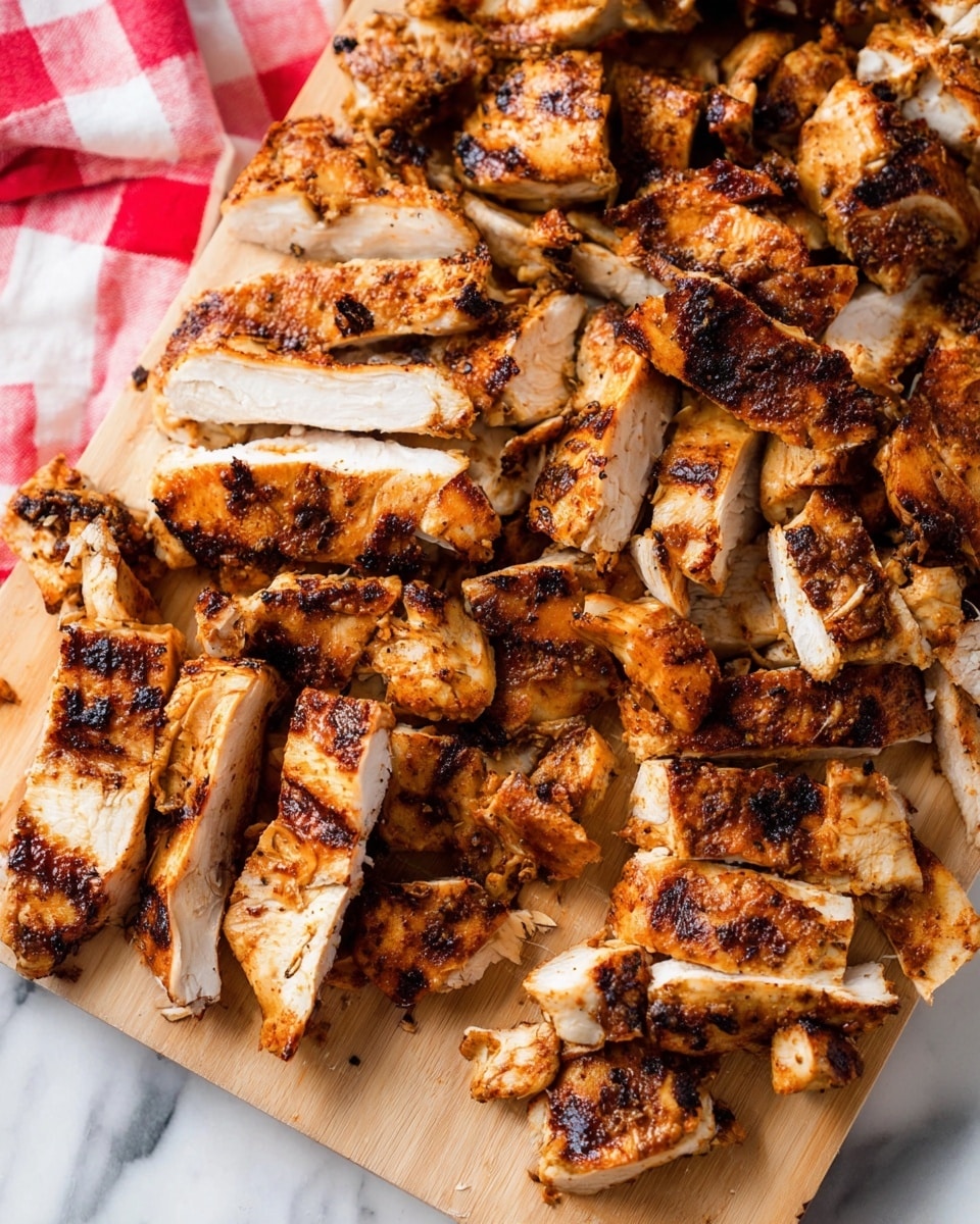 The image shows many pieces of grilled chicken cut into small chunks on a wooden cutting board, with some pieces having a golden brown color with charred edges and others lighter inside. Behind the chicken, there is a small orange bowl filled with shredded cheese, and in the far background, there are fresh green herbs blurred. The cutting board is on a white marbled surface, and on the left side, the edge of a white cloth with a red check pattern is visible. Photo taken with an iphone --ar 4:5 --v 7