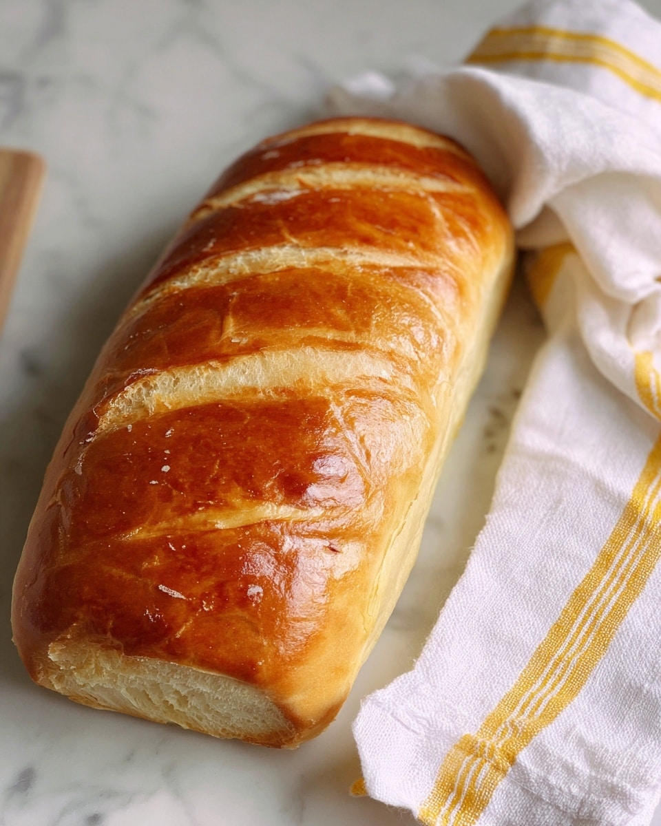 A freshly baked loaf of bread with a shiny, golden brown crust sits on a white marbled surface. The bread has five even diagonal cuts on top, showing the soft, light beige inside. Next to the loaf, there is a neatly folded white cloth with thin yellow stripes. The overall scene is warm and inviting, focused on the loaf's texture and color. Photo taken with an iphone --ar 4:5 --v 7