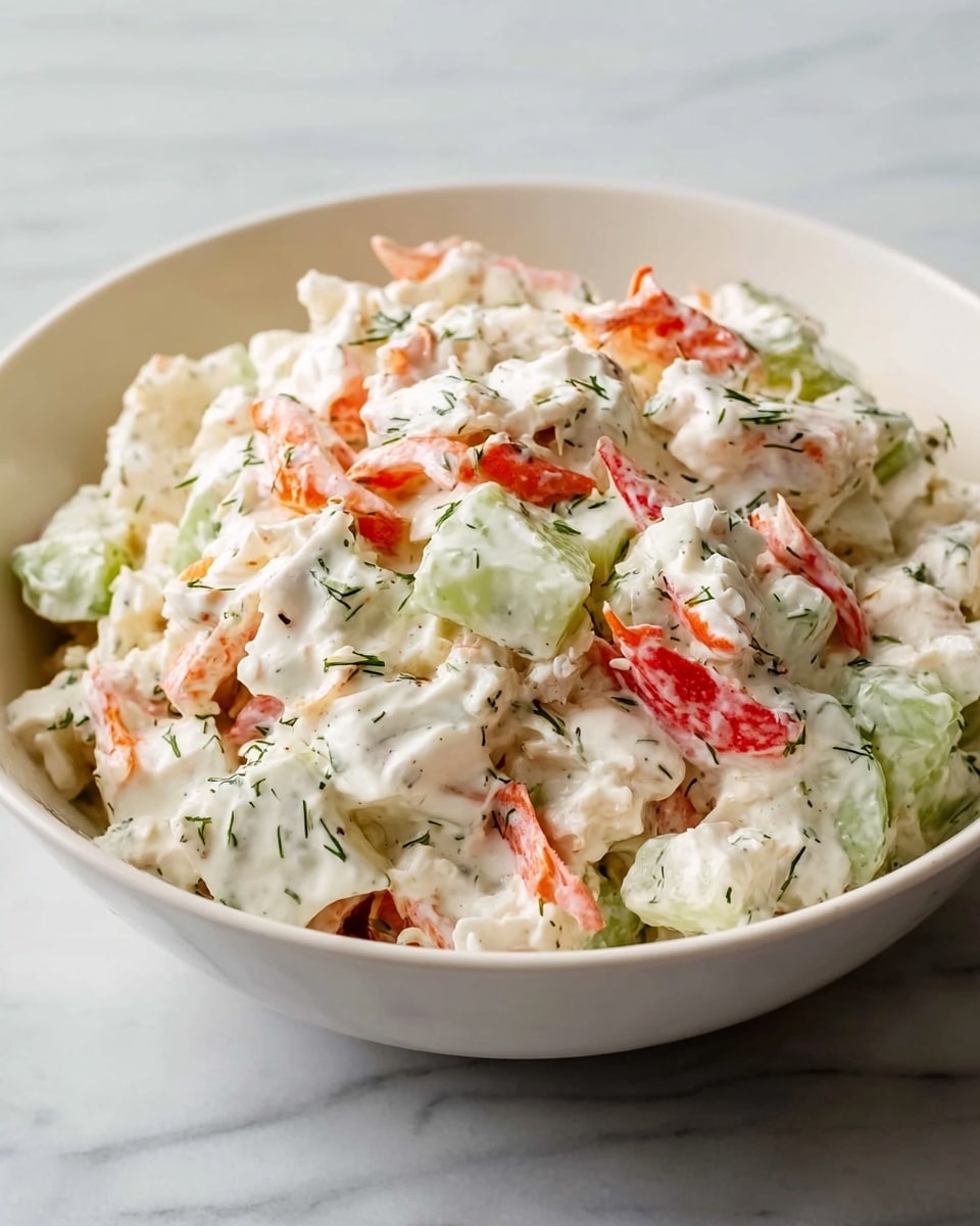 A close-up view of a white bowl filled with a creamy salad made of several layers: small white and beige chunks that seem to be crab or imitation crab mixed with light green cucumber pieces, all coated in a thick white dressing speckled with fine green herbs. Bright orange-red strips of crab or pepper add color contrast throughout the salad. The bowl is placed on a white marbled surface. photo taken with an iphone --ar 4:5 --v 7