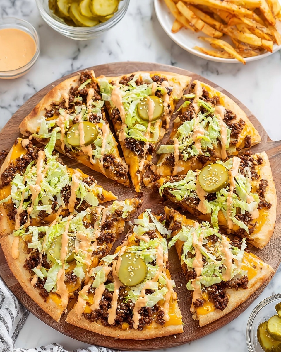 A close-up view of a pizza cut into six slices on a wooden board. The thin, light golden crust forms the bottom layer, topped with a layer of melted orange cheddar cheese and browned ground beef. On top of that is a layer of chopped green lettuce, giving a fresh leafy texture. Pickle slices are placed on some slices, adding a green circular element. The pizza is drizzled with a light orange creamy sauce and sprinkled with white sesame seeds. The background shows a white marbled texture and a black and white patterned cloth. Photo taken with an iphone --ar 4:5 --v 7