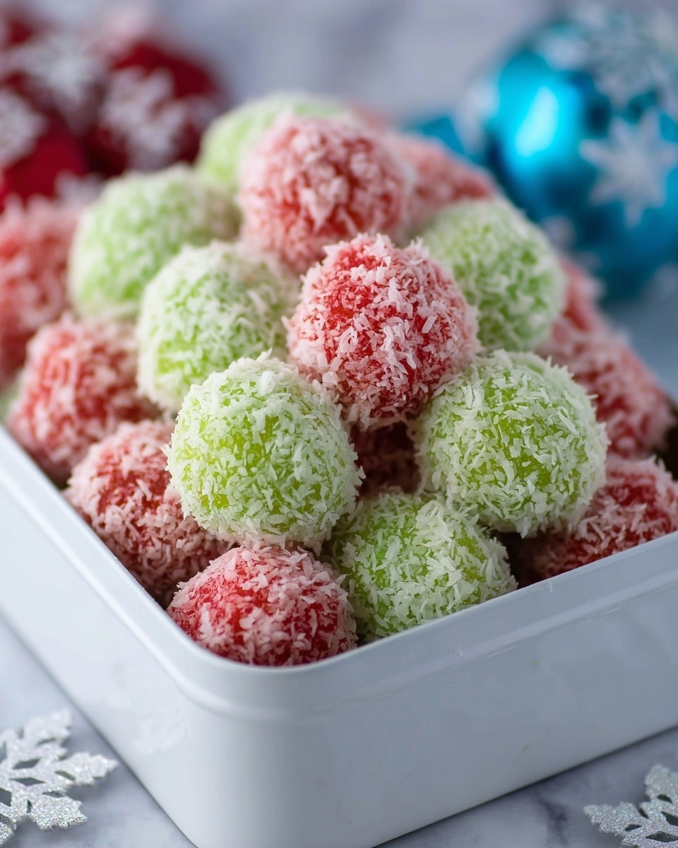 The image shows a white tin box filled with round sweets covered in shredded coconut. The sweets come in two colors: bright red and light green, mixed together in a loose pile. Each sweet ball has a rough, flaky texture from the coconut coating. The background features soft, out-of-focus white snowflake shapes on a white marbled surface. photo taken with an iphone --ar 4:5 --v 7