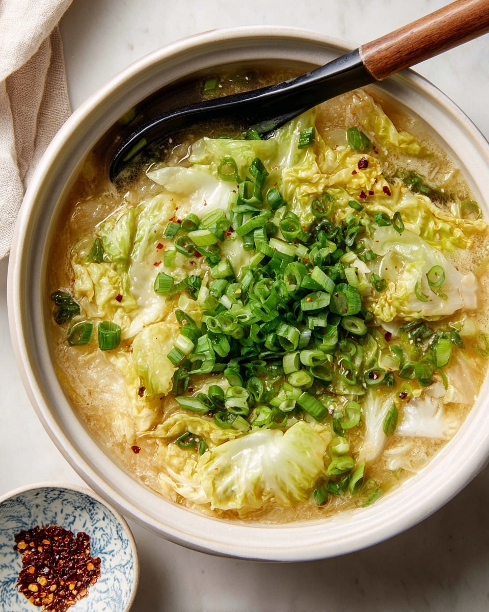A white ceramic bowl filled with a soup that has multiple layers, starting with a light golden broth at the bottom. Floating in the broth are soft, uneven chunks of pale yellow and white cabbage. On top, there is a thick layer of soft scrambled egg pieces that are light yellow and creamy in texture. The soup is topped with a generous pile of finely chopped bright green scallions scattered across the center. A wooden chopstick rests on the bowl's edge, and a black spoon is partially submerged in the soup. The bowl sits on a white marbled surface, with a small blue patterned dish in the top right corner holding a dark condiment. photo taken with an iphone --ar 4:5 --v 7