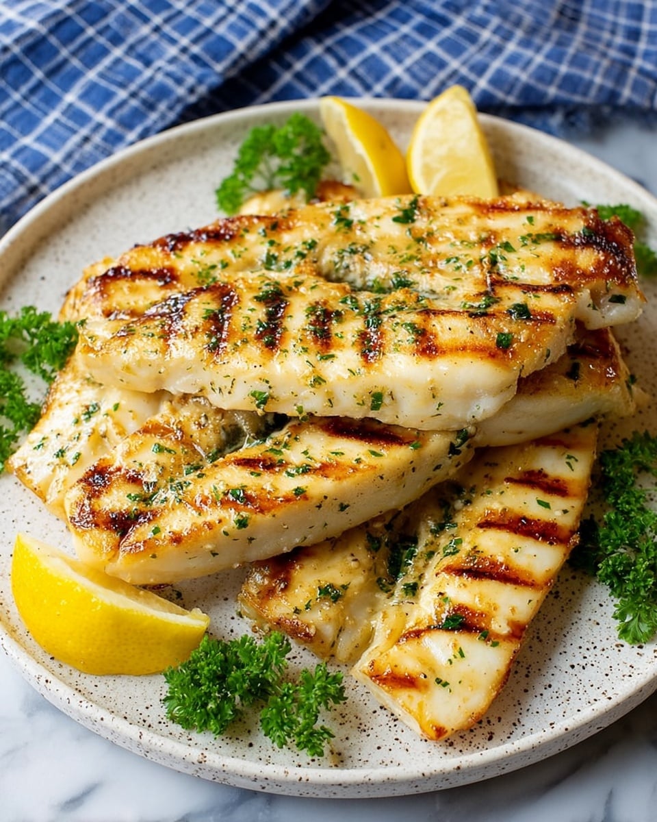 A white plate holds four grilled fish fillets stacked unevenly, each fillet showing golden-brown grill marks and a light glaze of herbs and oil, with finely chopped green parsley sprinkled on top. Bright yellow lemon wedges peek out from underneath the fish, and fresh green parsley sprigs sit beside the fillets. The plate is placed on a white marbled textured surface with a blue and white cloth in the blurred background. The overall look is fresh and appetizing, with warm golden tones from the cooked fish. photo taken with an iphone --ar 4:5 --v 7