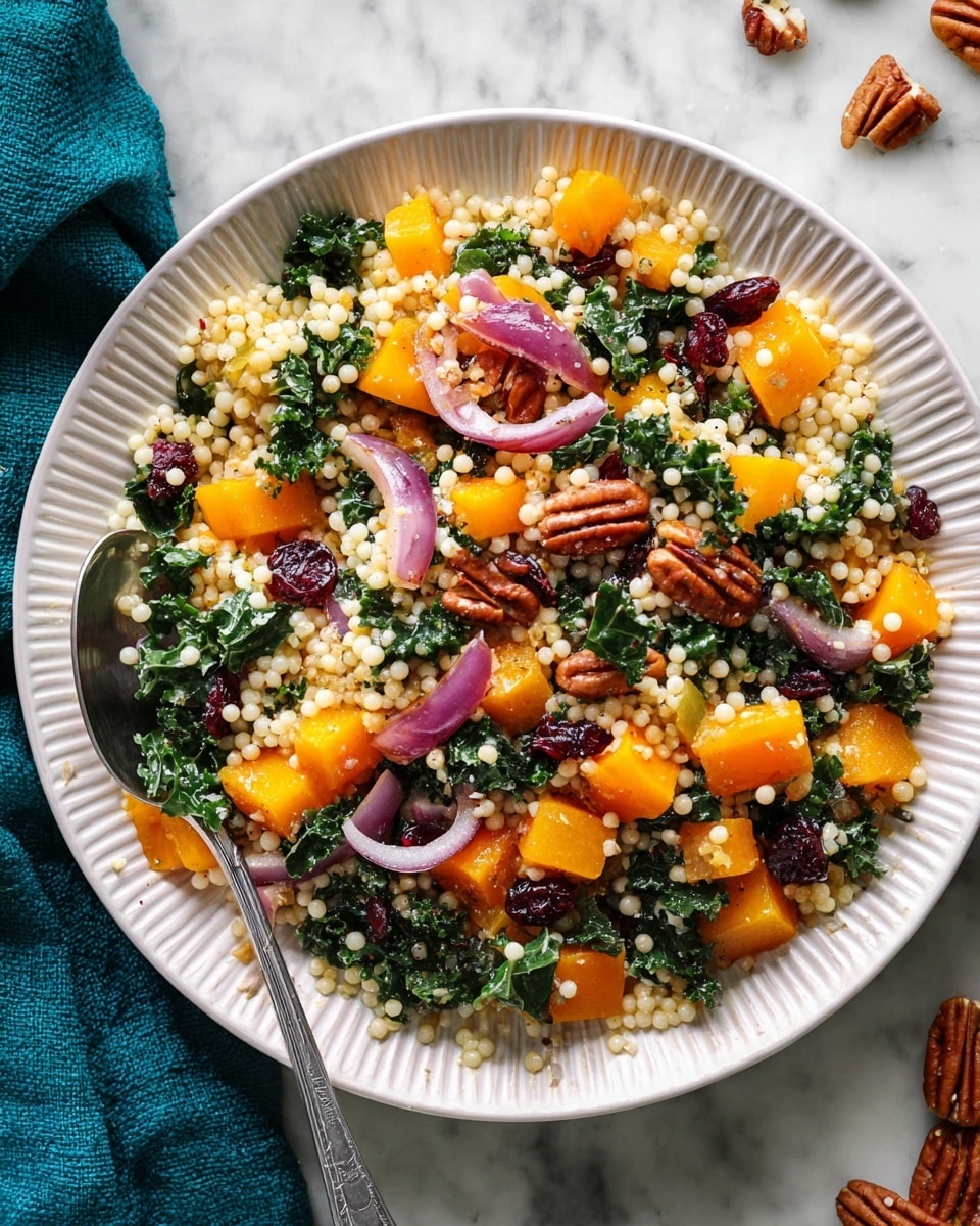 A white bowl filled with a colorful salad showing several layers: the base layer is small, round, pearl-like pasta in a pale cream color; scattered throughout are bright orange cubes of roasted butternut squash, dark green crinkly kale leaves, and thin slices of light purple onion. On top, there are whole and halved reddish-brown pecans and dark red dried cranberries, all lightly seasoned with black pepper specks. A silver spoon rests inside the bowl, which sits on a white marbled surface with a small wooden bowl of dried cranberries and a glass measuring cup partially visible nearby. Photo taken with an iphone --ar 4:5 --v 7