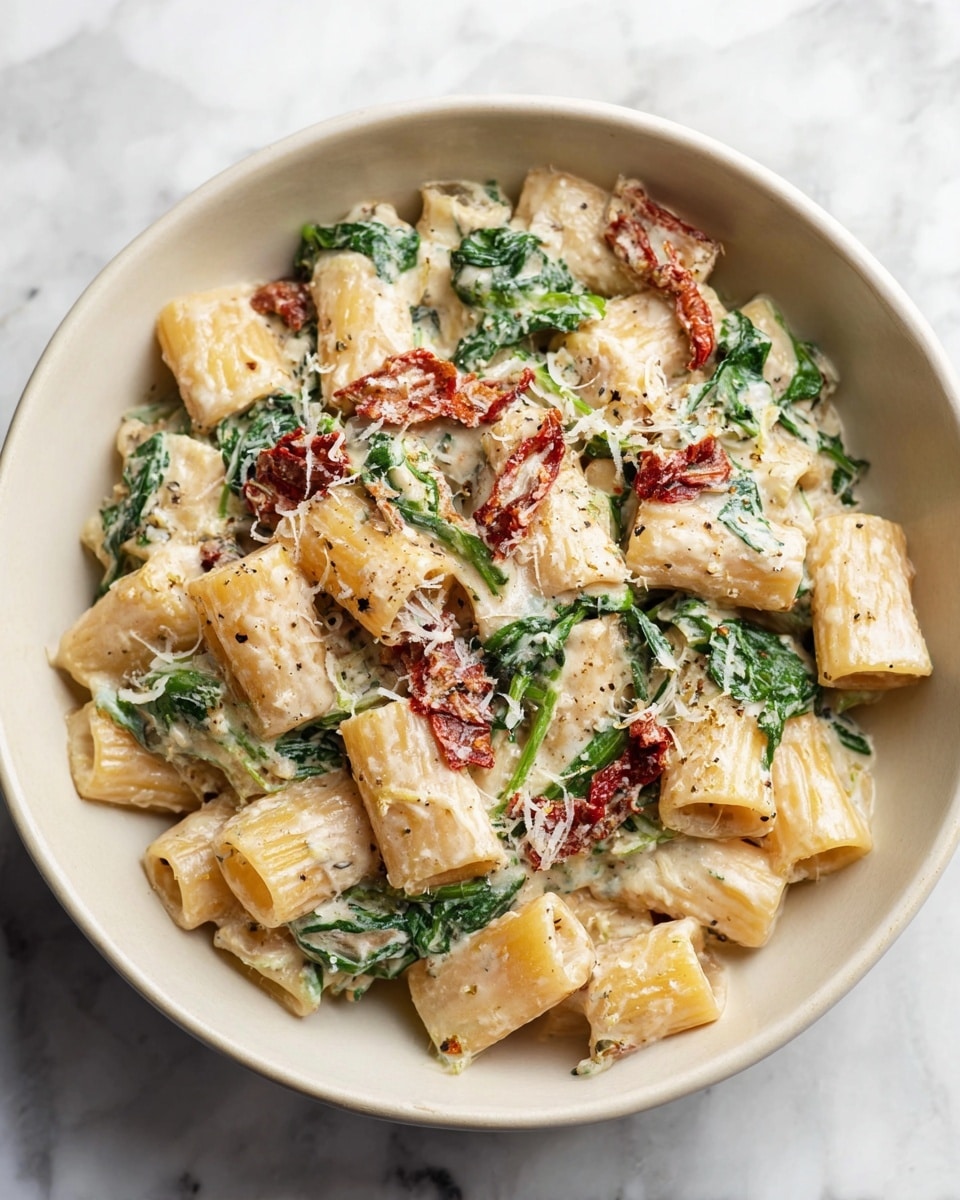 A close-up top view of a bowl filled with creamy rigatoni pasta mixed with wilted green spinach leaves and strips of sun-dried tomatoes, all coated in a white sauce with visible black pepper specks; the pasta pieces are tubular and yellowish, layered evenly with the green and reddish elements, and topped with finely grated white cheese. The bowl is white, set on a white marbled surface. photo taken with an iphone --ar 4:5 --v 7