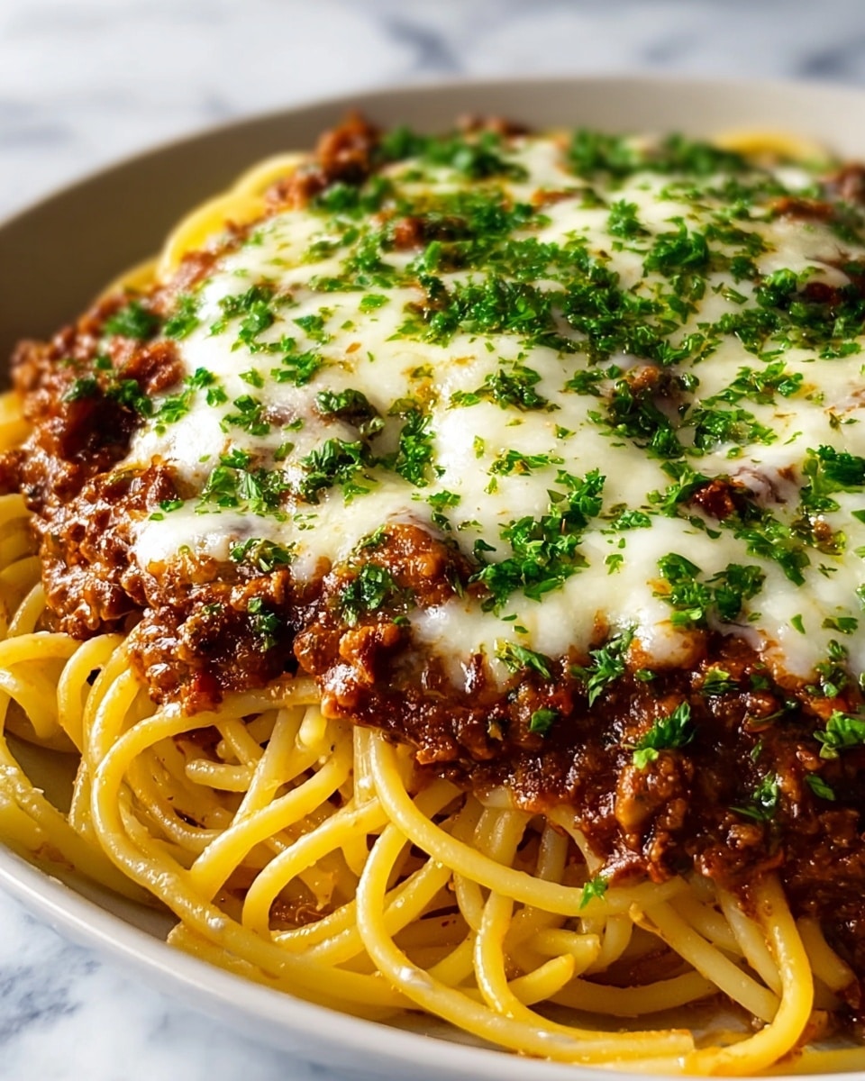 A close-up of a plate of spaghetti with three clear layers: the bottom layer is yellowish spaghetti noodles with a slight shine and some herbs scattered. The middle layer is a thick, rich, brown meat sauce covering most of the noodles and spreading to the edges. The top layer is a generous amount of melted white cheese with a smooth and creamy texture, sprinkled evenly with bright green chopped herbs. The plate is white, and the background is a white marbled texture. photo taken with an iphone --ar 4:5 --v 7