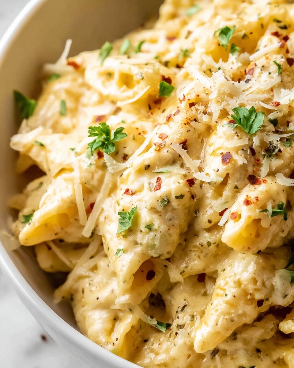 A close-up view of creamy pasta with short tube-shaped noodles coated in a thick, pale yellow sauce mixed with black pepper and herbs. The dish is topped with small pieces of shaved pale cheese and finely chopped green herbs scattered over the pasta, adding a fresh touch. The pasta has a soft, smooth texture with visible seasoning and melted cheese within the sauce. The background is a white marbled surface. photo taken with an iphone --ar 4:5 --v 7