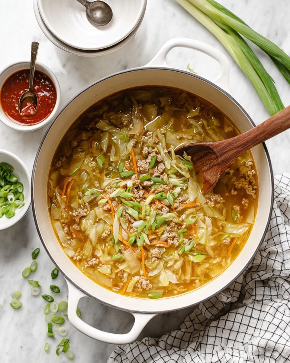 A white bowl filled with clear broth soup containing several layers: translucent light yellow cabbage pieces making up the main layer, thin orange carrot strips scattered throughout, small light brown ground meat chunks resting on one side, and bright green sliced scallions sprinkled on top. The bowl is set on a white marbled surface with green scallion stalks lying beside it and a white and gold spoon partly visible in the background. photo taken with an iphone --ar 4:5 --v 7