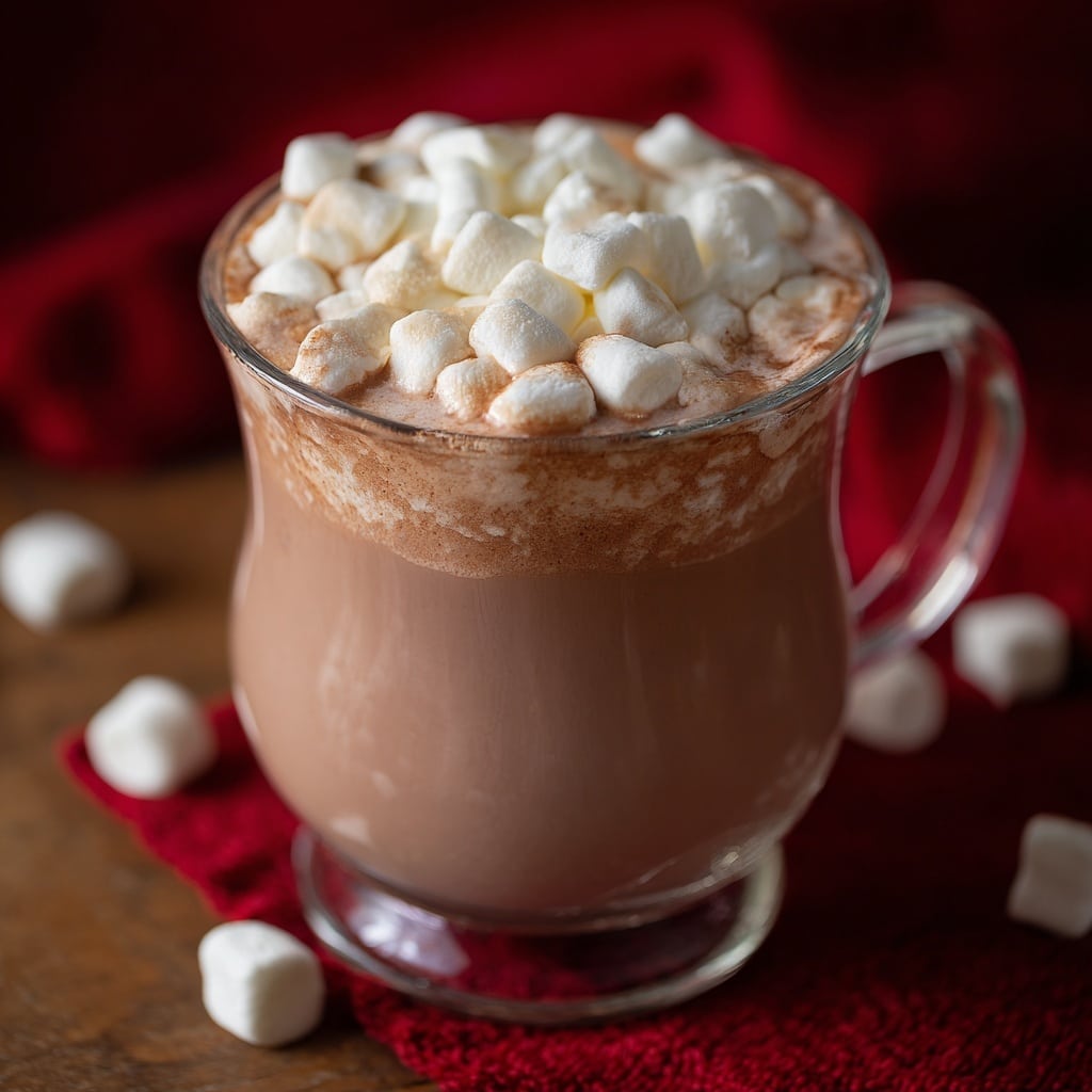 A clear glass mug filled with creamy light brown hot chocolate, topped with a layer of small white marshmallows slightly melting and showing light brown edges, placed on a wooden surface with some marshmallows scattered around; a deep red cloth is softly draped in the blurred background. Photo taken with an iphone --ar 4:5 --v 7