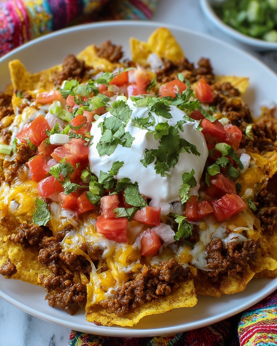 A white plate holds a layered nacho dish starting with a base of golden crispy tortilla chips. On top of the chips is a thick layer of cooked ground beef with a reddish-brown color. Melted yellow and white cheese covers the beef, slightly gooey and soft. Fresh diced bright red tomatoes and small bits of chopped green onions are spread evenly over the cheese. A large dollop of smooth white sour cream sits in the center, topped with green cilantro leaves. The whole plate is set on a white marbled surface, with a blurred tray of more nachos and a patterned cloth in the background. Photo taken with an iphone --ar 4:5 --v 7