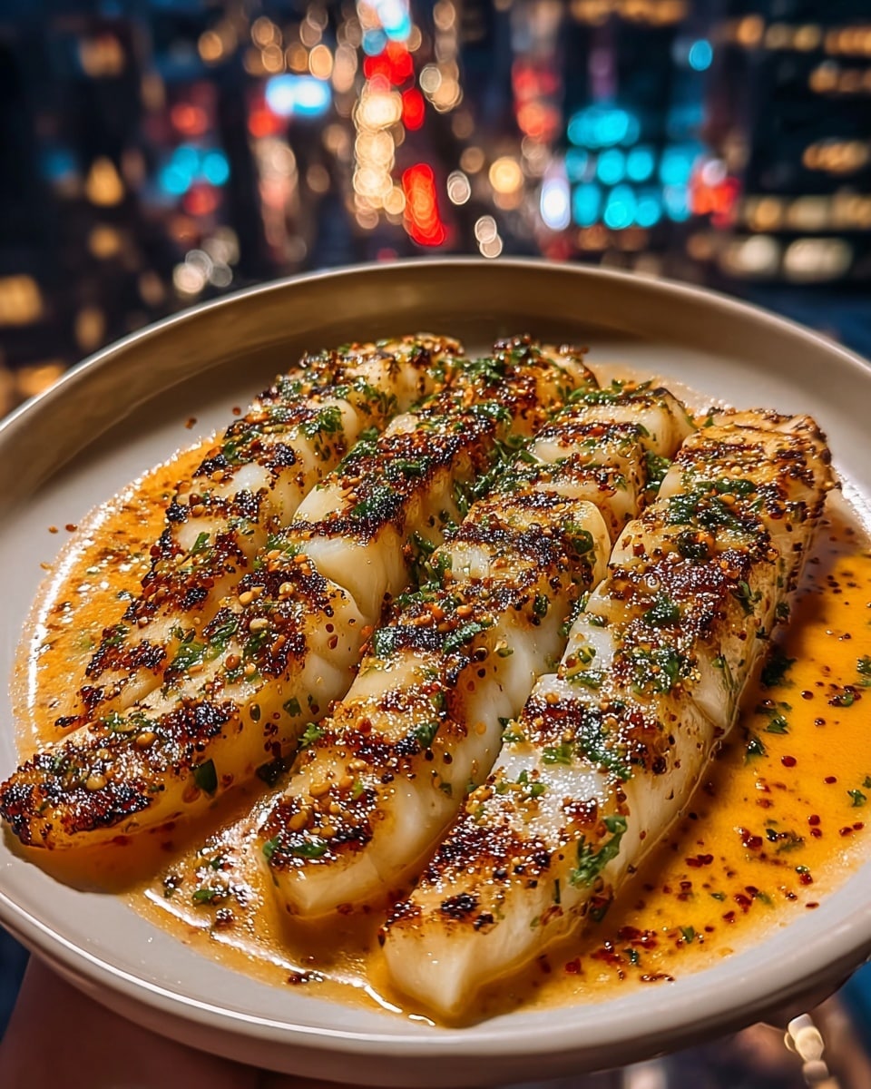 The image shows three thick pieces of grilled fish fillet placed side by side on a shallow white plate. Each fillet is golden brown with darker grill marks, and is sprinkled with fresh green herbs and red seasoning flakes, giving it a slightly rough texture. The fish rests in a creamy, light orange sauce that pools gently around the fillets. A woman's hand is holding the plate from the edge, and the background shows blurry city lights in various colors, creating a warm, cozy feeling. The surface beneath is a white marbled texture. photo taken with an iphone --ar 4:5 --v 7