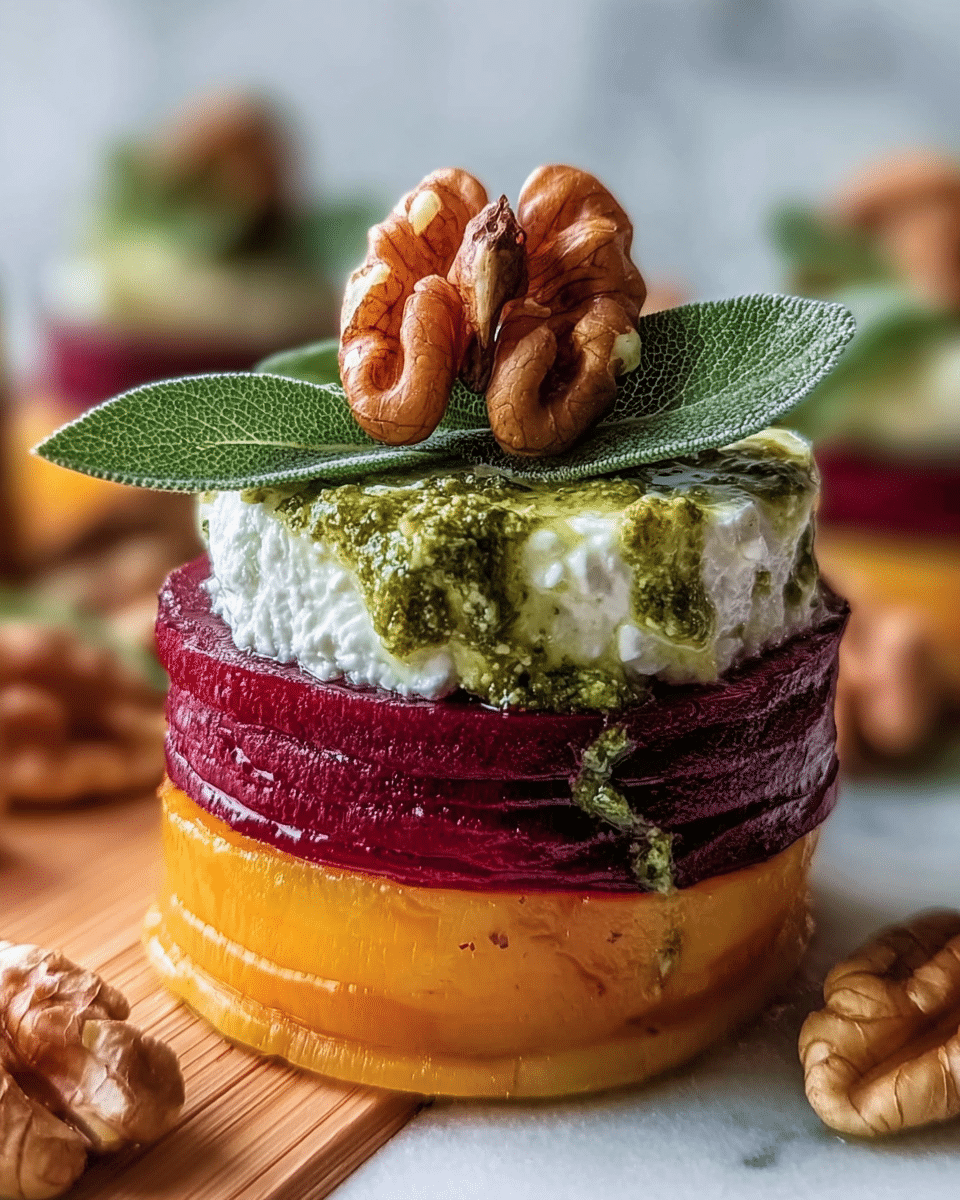 This dish is composed of three main layers stacked vertically on a white marbled surface. The bottom layer is a smooth, pale orange slice with a matte texture. On top of this sits a thick, glossy deep purple beet slice with a juicy appearance. Above the beet layer is a dollop of white cottage cheese, looking soft and creamy, drizzled with a green pesto sauce that adds a slightly rough texture. Resting on the cottage cheese are two fresh green sage leaves with a rough, bumpy surface, crowned by a large, light brown walnut half with detailed ridges. There are similar layered portions in the background, with scattered whole walnut halves around. Photo taken with an iphone --ar 4:5 --v 7