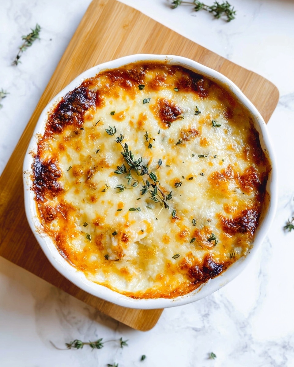 A white round ceramic dish holds a baked layered dish starting with a base of rich dark brown meat sauce visible around the sides. On top of this is a thick layer of melted, bubbly golden yellow and white cheese covering the surface evenly. The dish is garnished in the center with small chopped bright red tomato pieces and a small chunk of shredded meat, sprinkled with finely chopped green herbs. In the background, a small white bowl contains more diced tomatoes, and a vine of fresh red cherry tomatoes rests on a white marbled surface. The whole scene is bright and clean, with natural light highlighting the textures and colors. photo taken with an iphone --ar 4:5 --v 7
