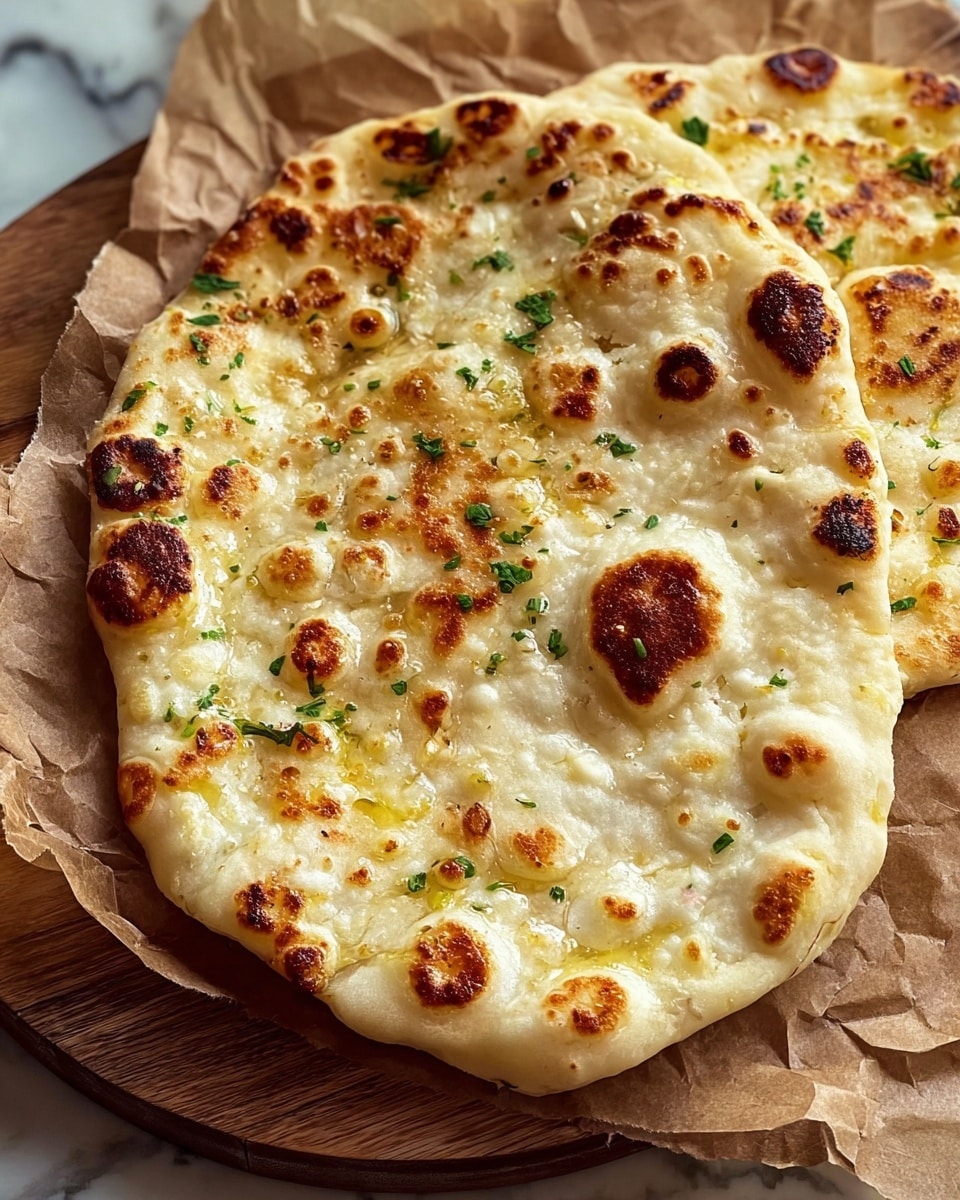 Two pieces of flatbread lie on crumpled brown paper placed on a wooden board. Each flatbread has a bubbly, golden surface with spots of darker brown and some light charring, showing areas where the dough puffed up and cooked unevenly. Small green flecks, likely herbs, are scattered lightly on top. The texture looks soft and chewy with a slightly crisp edge. The background is a white marbled texture. photo taken with an iphone --ar 4:5 --v 7