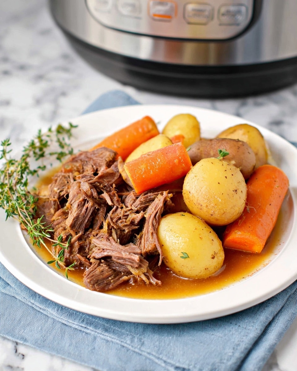 A white plate holds a hearty stew with three main layers: on the right side, there is dark brown shredded beef in a light brown sauce, showing tender, fibrous texture; the left and middle sections have whole small yellowish-brown potatoes and chunky bright orange carrots, both with a slightly glossy finish from the sauce. Two sprigs of fresh green thyme rest on the left edge of the plate. A silver fork is placed on the right side of the plate. The plate is on a white marbled surface with a blue fringed cloth underneath, and a stainless steel pressure cooker is in the background. Photo taken with an iphone --ar 4:5 --v 7